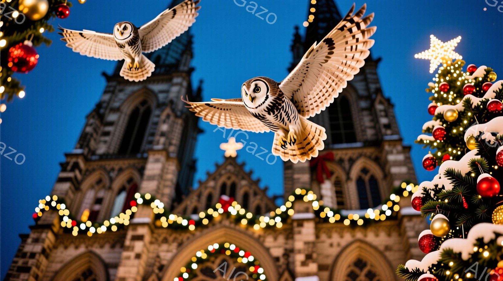 鮮やかなクリスマスツリーと壮大なゴシック様式の建物が印象的な画像です。夜空を舞う一羽のフクロウが、クリスマスの装飾と歴史的な建造物との対比を生み出し、幻想的な雰囲気を醸し出しています。建物には無数のイルミネーションが施され、クリスマスの温かさと夜の静寂が共存する様子が描かれています。