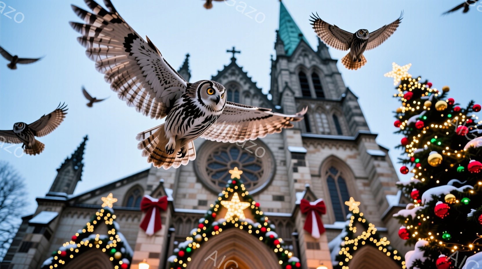 ゴシック様式の大きな教会が背景にあり、クリスマスデコレーションで華やかに飾られています。複数の猛禽類、おそらくフクロウが教会とクリスマスの飾りを背景に飛び交っており、冬の空の下、幻想的な雰囲気を醸し出 - AI生成フリー素材