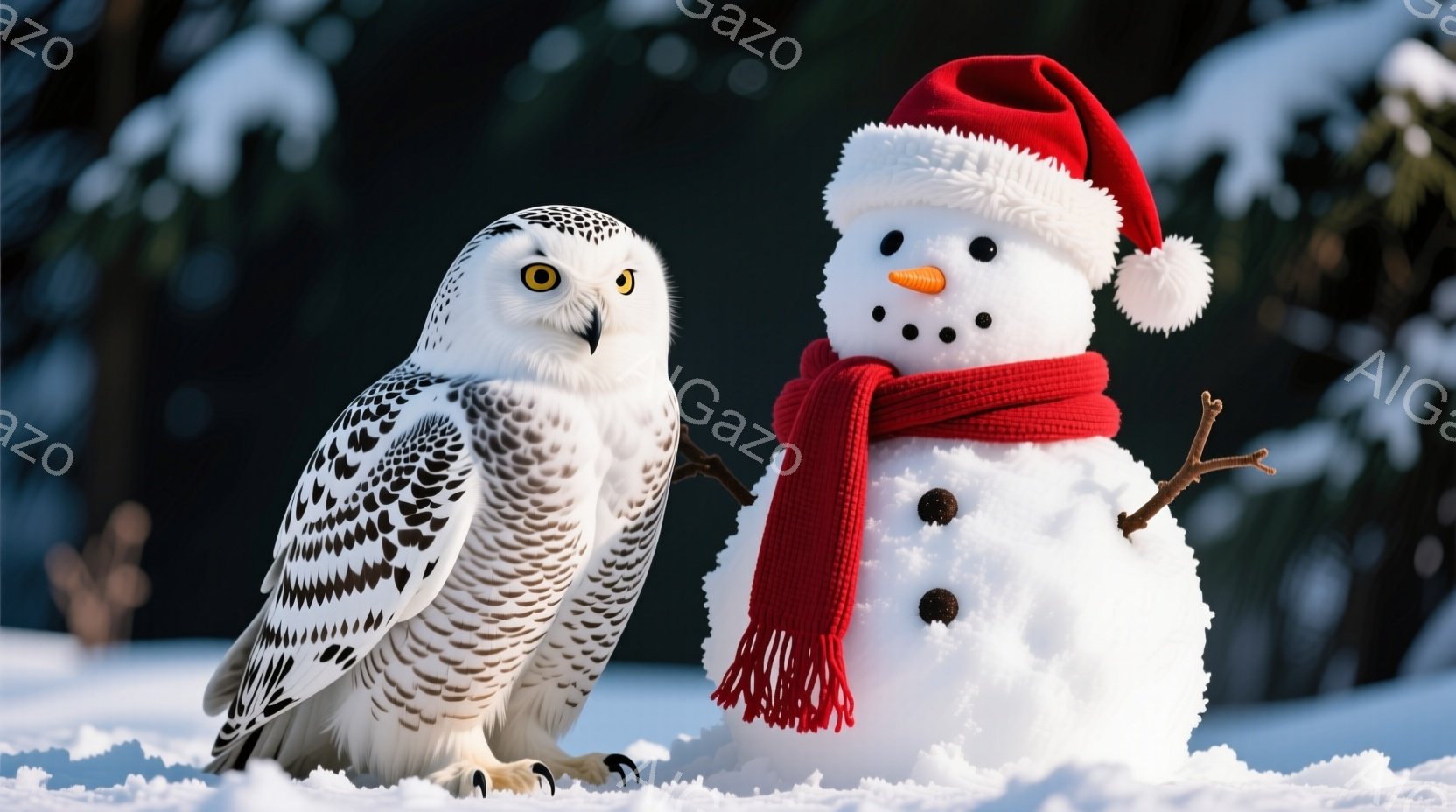 白い雪原に、美しい猛禽類である雪フクロウが立っており、その隣には雪で作られた雪だるまがいます。雪だるまは赤い帽子とスカーフを身につけ、炭で作られた目、鼻、口で微笑んでいます。背景は暗い緑色の木々と雪景色で、全体的に冬の暖かく穏やかな雰囲気を醸し出しています。