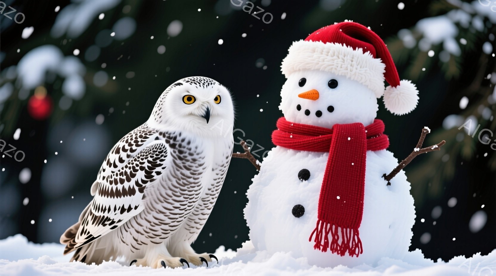 雪の上に、美しい白フクロウと雪だるまが並んで立っています。雪だるまは赤い帽子とマフラーを身に着け、ニンジンの鼻と炭でできた目と口を持っています。背景には緑の木々があり、雪が降っており、全体的に冬の暖かく穏やかな雰囲気が漂っています。