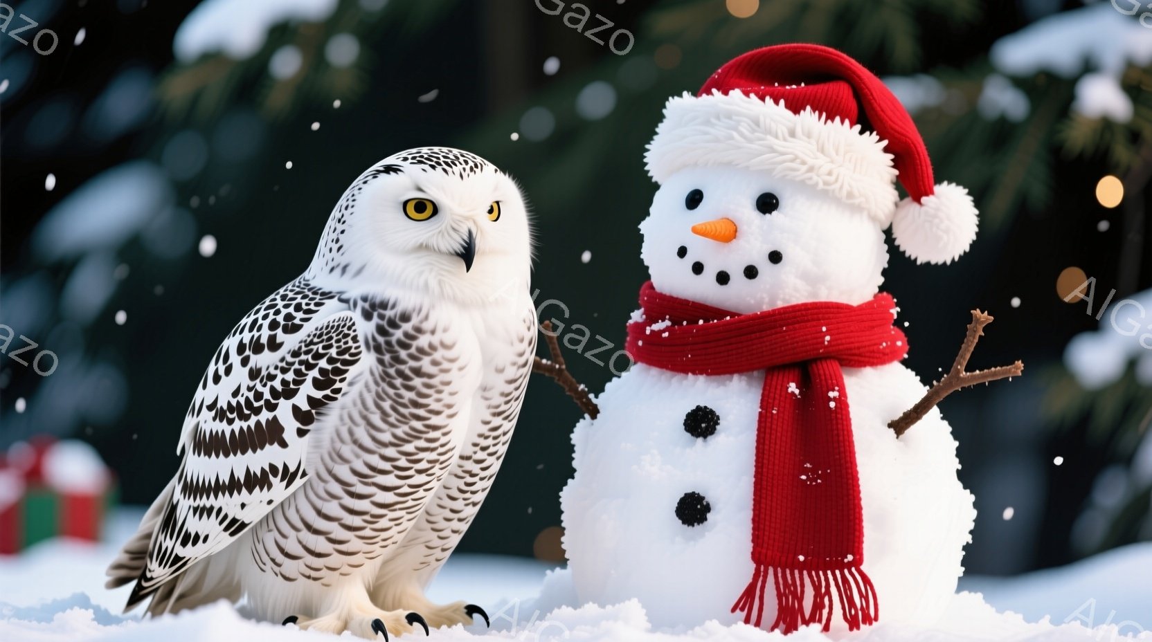 白い雪景色の中に、大きな雪だるまが立っており、赤い帽子とマフラーを身につけています。その隣には、美しい白いフクロウが座っており、鋭い眼光でこちらを見つめています。背景には緑の木々が見え、雪片が舞い、全 - AI生成フリー素材
