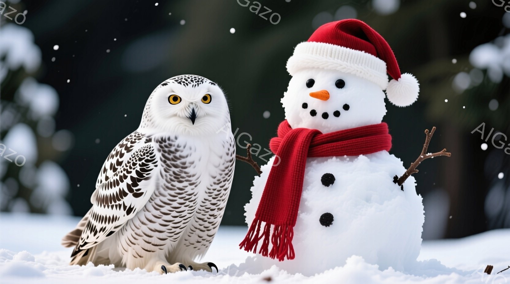 白い雪の背景に、大きなフクロウと雪だるまが並んで写っています。フクロウは黄色い目をしており、鋭い視線で正面を見ています。雪だるまは赤い帽子とマフラーを身につけ、にんじんの鼻と石ころの目と口で愛らしい表 - AI生成フリー素材