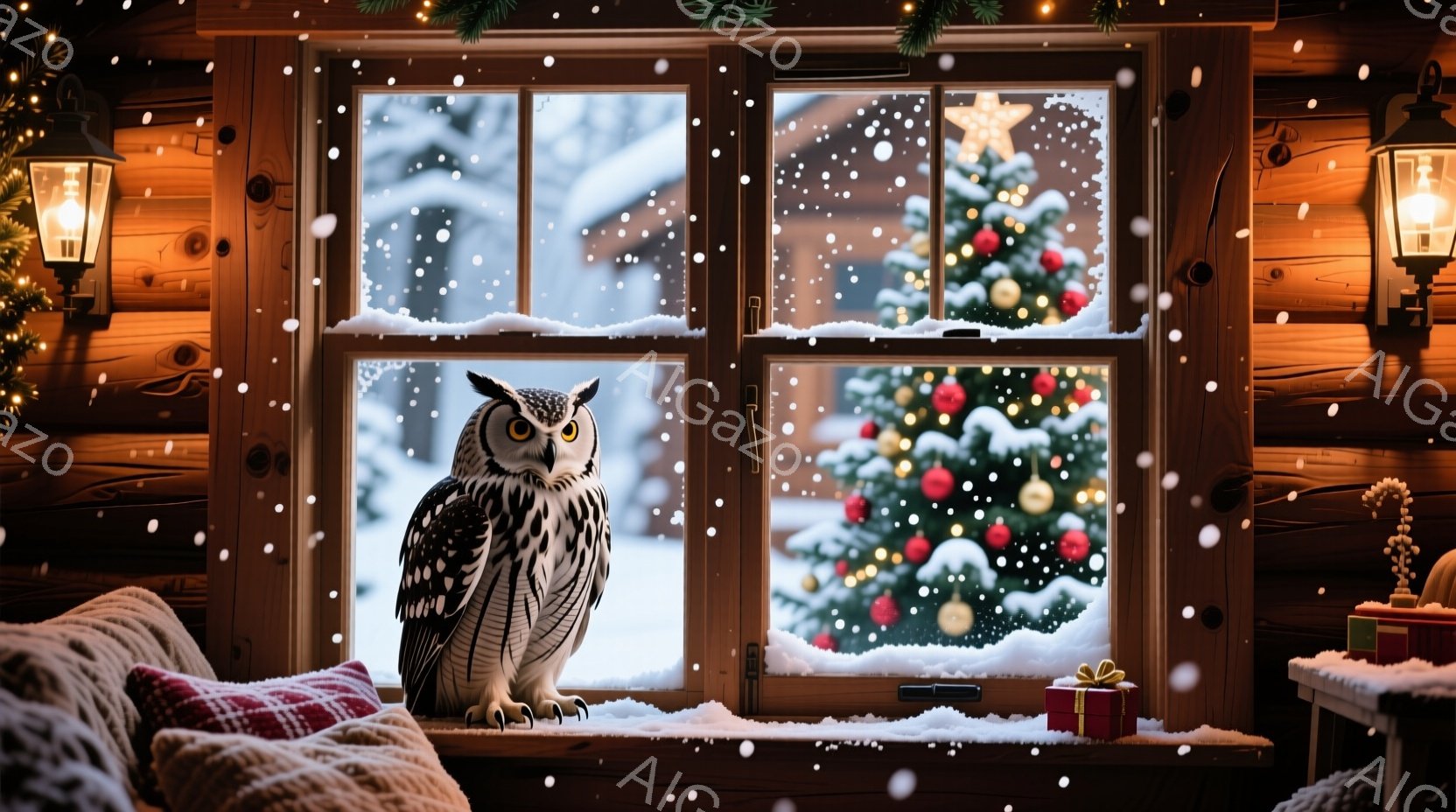 雪が舞うロッジの窓辺に、大きなフクロウが静かに佇んでいます。室内は温かく、クリスマスツリーが飾られた雪景色が見え、プレゼントボックスが並べられています。暖炉の光と窓の外の雪景色が、穏やかで幻想的な冬の - AI生成フリー素材