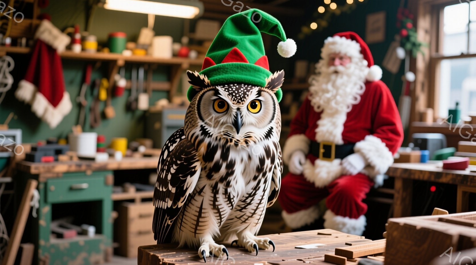 大きなフクロウが木製の台の上に座り、クリスマス風の緑色の帽子をかぶっています。背景には、白いひげを生やし、赤い衣装を着たサンタクロースがぼんやりと写っており、作業台には様々な工具や木材が置かれています。全体的に、クリスマスをテーマにしたユーモラスで温かい雰囲気の画像です。