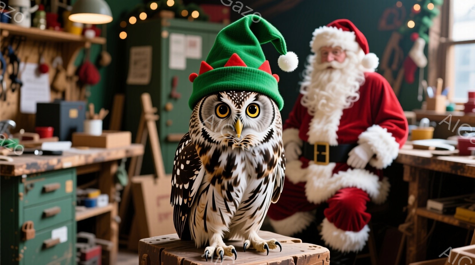白い胸と茶色い斑点のあるフクロウが、小さな台の上に座ってこちらを見ています。フクロウは緑色のサンタの帽子をかぶっており、その表情は真剣で少しユーモラスです。背景には、緑色の壁と作業台、そしてぼやけたサンタクロースの姿が見え、全体的にクリエイティブで楽しい雰囲気が漂っています。