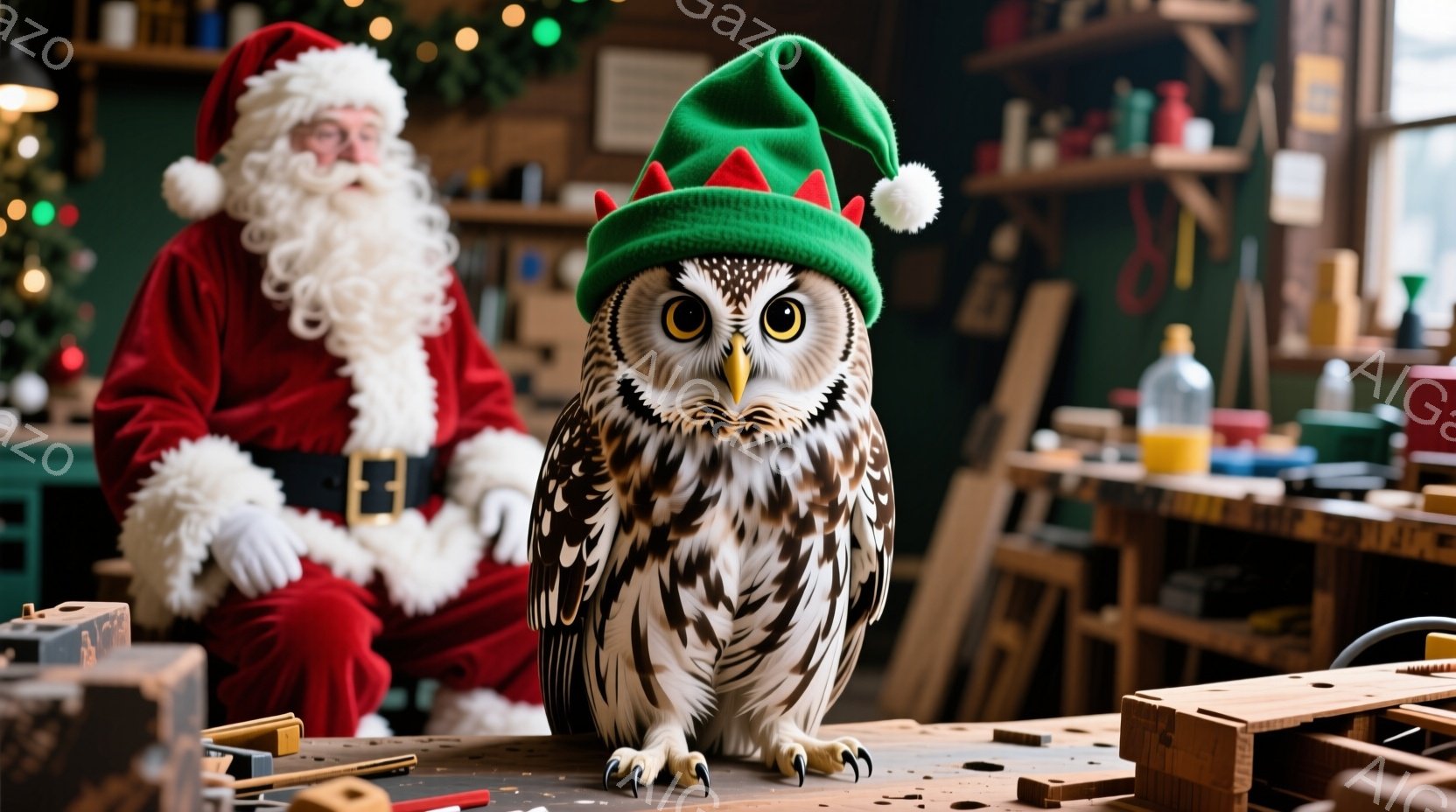 サンタクロースは赤い衣装と白いひげを蓄え、白い手袋をはめて少しぼやけた背景に立っている。中央には、緑のサンタ帽をかぶったフクロウが木製の作業台の上に座っており、鋭い視線で正面を見つめている。作業台には工具が散らばり、背景には様々な道具や棚が並び、全体的にクリスマスの手作り工房のような温かくユーモラスな雰囲気が漂っている。