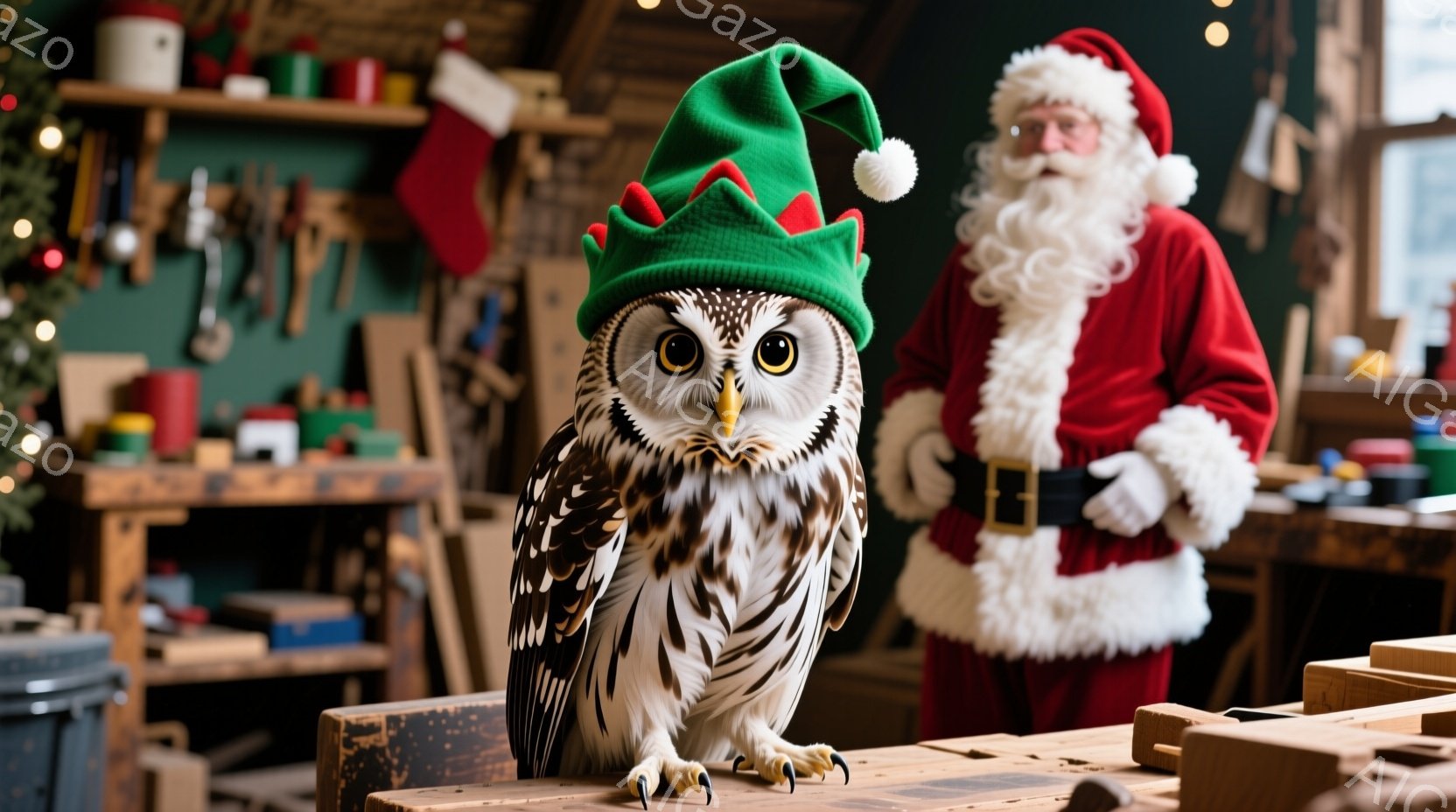 茶色のまだら模様のフクロウが木製の台の上に座っており、頭には緑色のサンタ帽がちょこんと乗っています。背景には赤い衣装を着たサンタクロースがぼんやりと写っており、工具や木材が並んだ作業場のような場所です。全体的に、クリスマスの楽しい雰囲気を醸し出しており、ユーモラスな光景です。