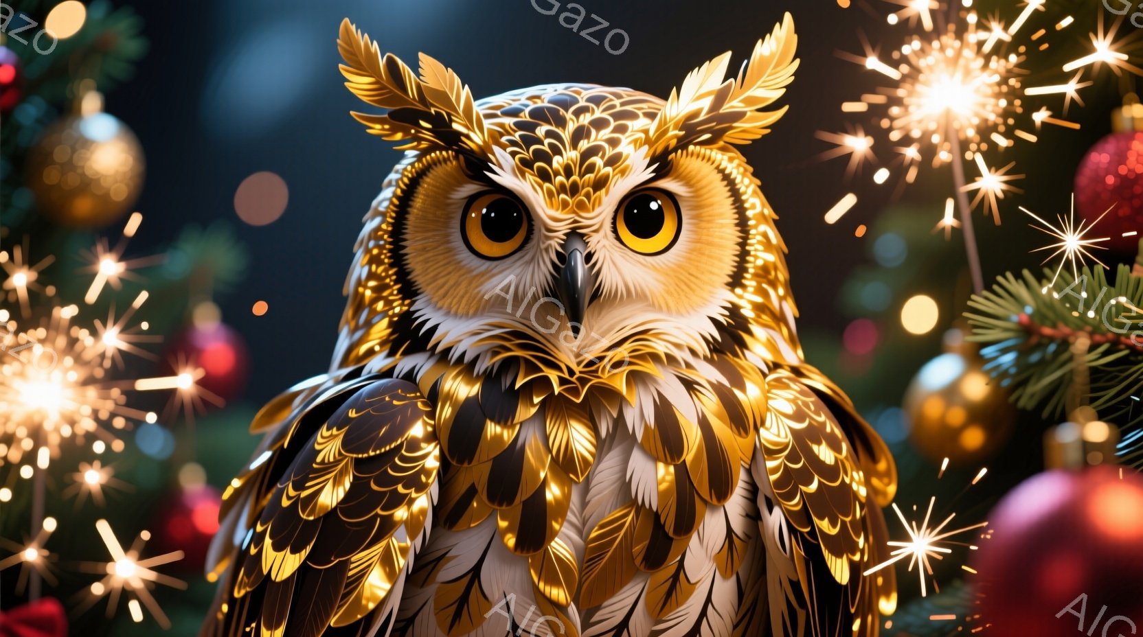 深緑の背景に、金色の装飾が施されたフクロウが正面を見据えています。その羽毛は緻密な模様で覆われ、輝きを放ち、まるで宝石のよう。背景にはぼやけたクリスマスツリーと光の粒子があり、神聖な祝祭の雰囲気を醸し出しています。