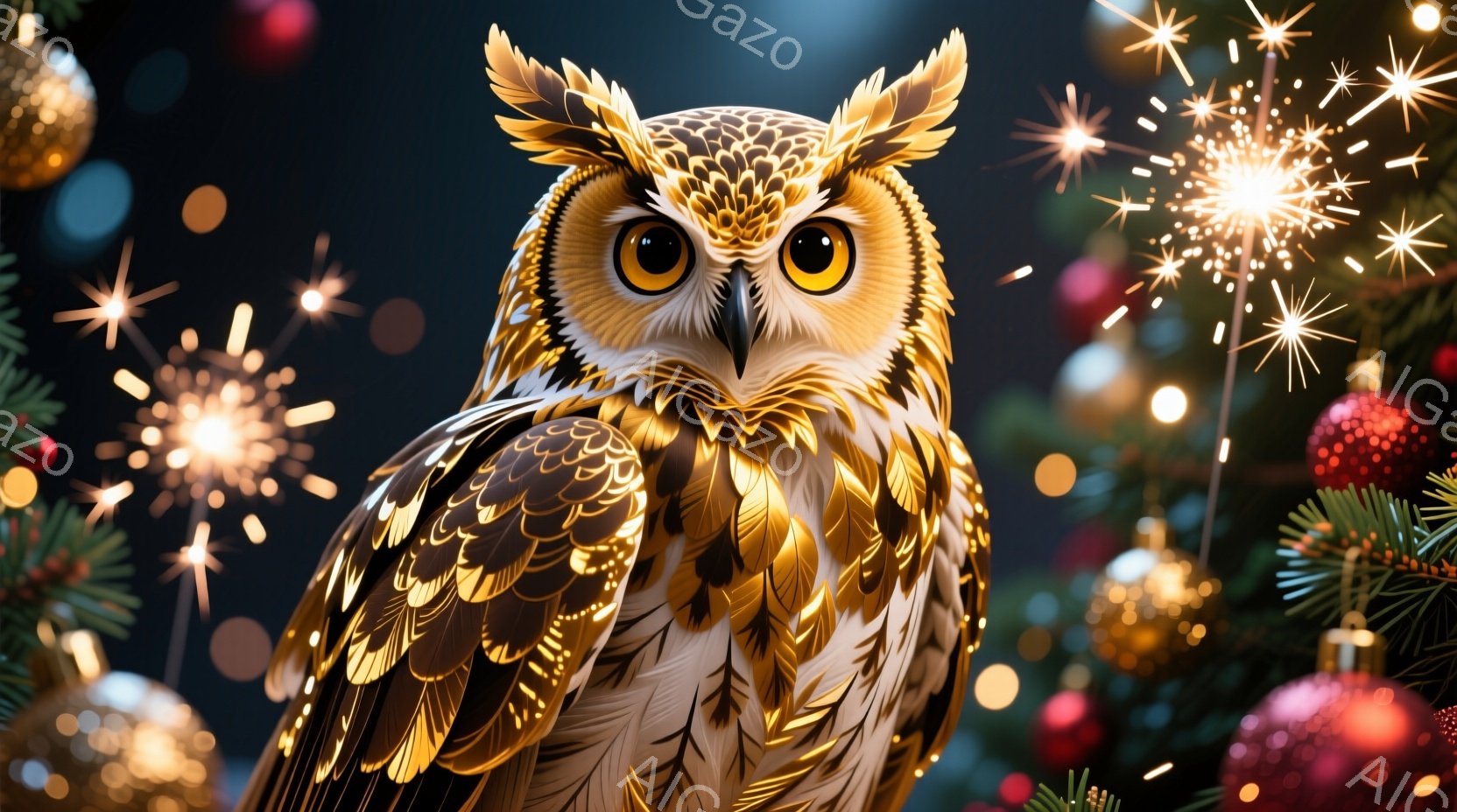 深緑の背景に、黄金色の羽毛を持つ大きなフクロウが正面を向いています。フクロウは鮮やかな黄色い目をしており、その表情は落ち着いていて威厳があります。背景には、クリスマスツリーの飾りやきらめく光が散りばめられ、華やかで幻想的な雰囲気を醸し出しています。