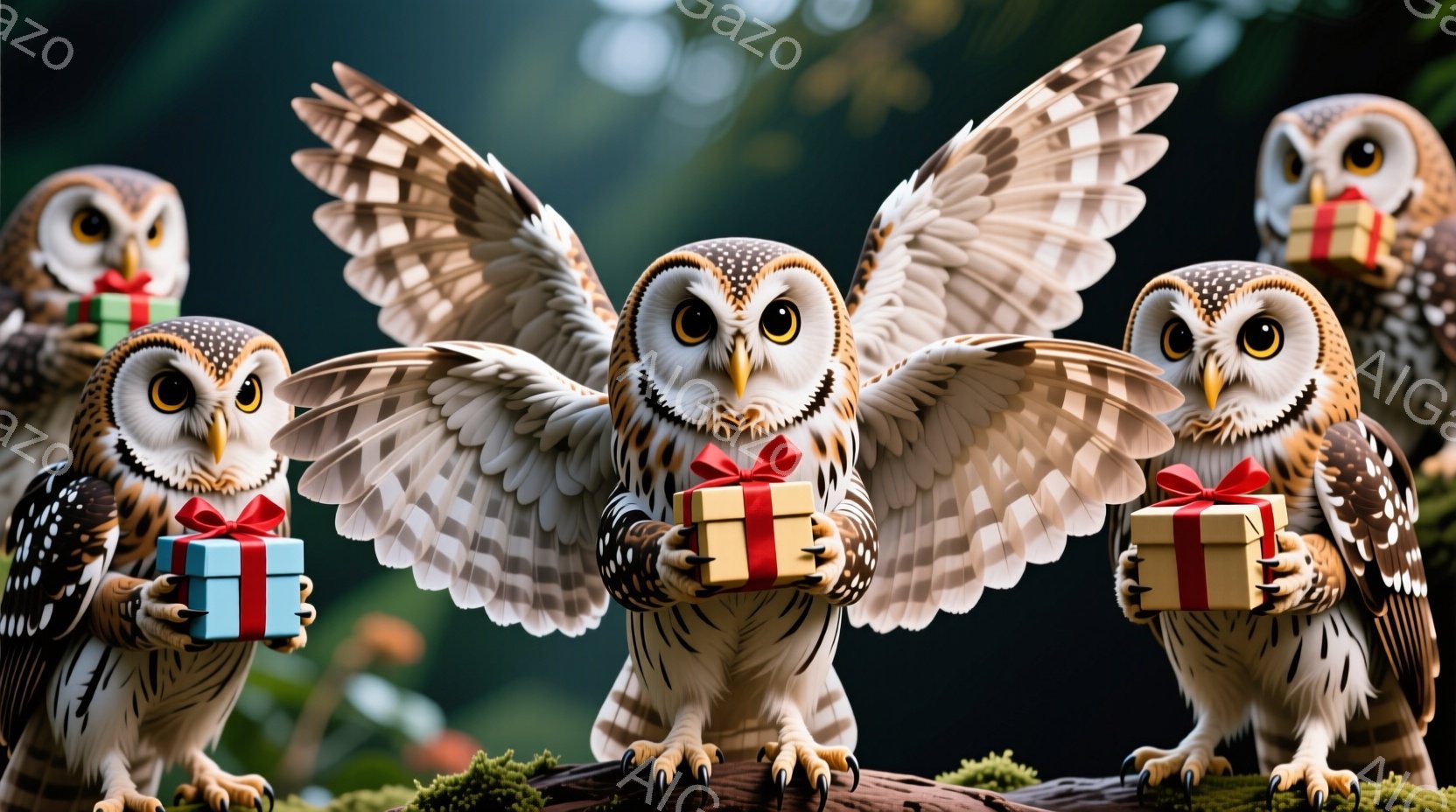 プレゼントの箱を抱えたフクロウが３羽、木の枝の上に並んでいます。中央のフクロウは翼を広げ、他の２羽はプレゼントを抱えながら正面を見ています。背景は緑豊かな自然で、落ち着いた暖かな雰囲気を醸し出しています。