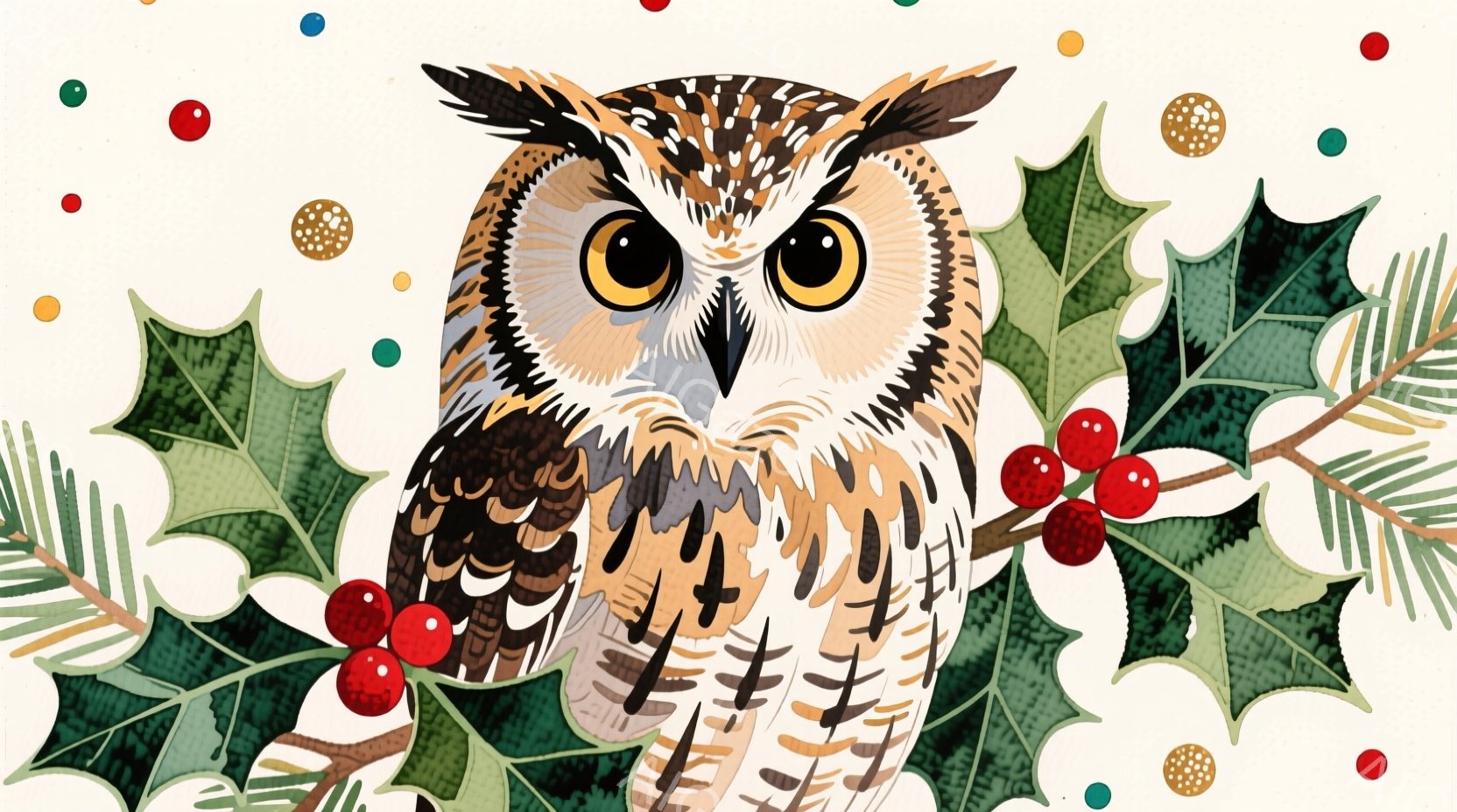 茶色と白の美しいフクロウが描かれており、大きな丸い目は金色で、鋭い視線を向けています。背景には、赤い実がなったクリスマスホーリーの葉や枝が配置され、全体的に暖かく、お祝いムードを醸し出しています。葉や - AI生成フリー素材