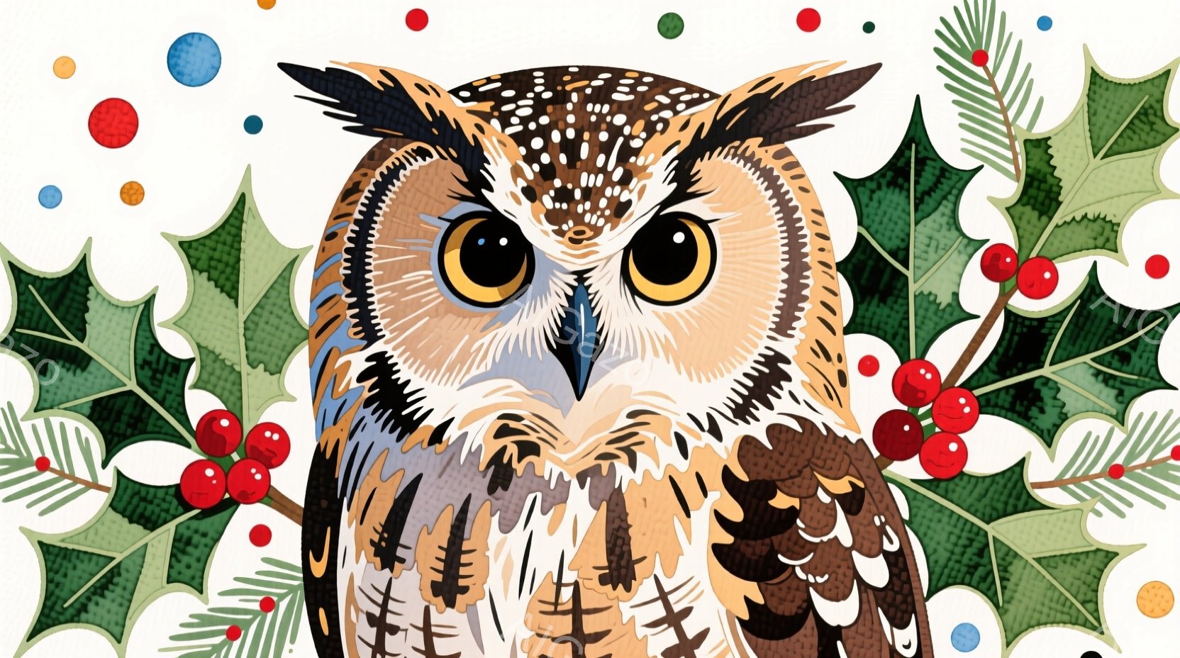正面を向き、鋭い眼光を放つフクロウのポートレートです。背景には、赤い実の付いた緑色の葉や、様々な色の水玉模様が散りばめられています。全体的に暖かく、お祝いのような雰囲気を醸し出しています。