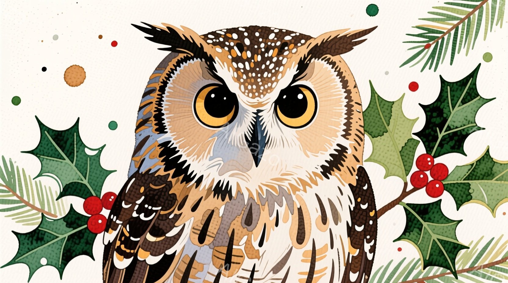 茶色と白のフクロウが描かれており、大きな丸い目が印象的です。背景には、赤い実がなった冬緑の葉が配置され、お祝いの雰囲気を醸し出しています。全体として、暖かく、遊び心のある、そして少しファンタジー的な雰囲気が漂っています。
