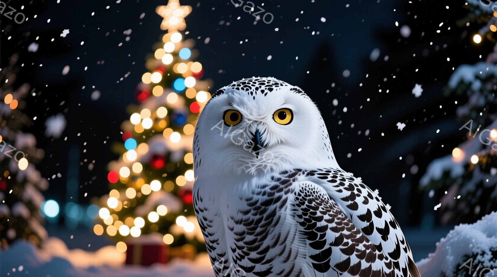 雪が舞う夜、白いフクロウが正面を見据えている。背景にはぼやけたクリスマスツリーの光が輝き、冬の夜の暖かさと静寂さを演出している。フクロウは雪景色の中に溶け込みつつも、鋭い眼光で見る者を捉える。 - AI生成フリー素材