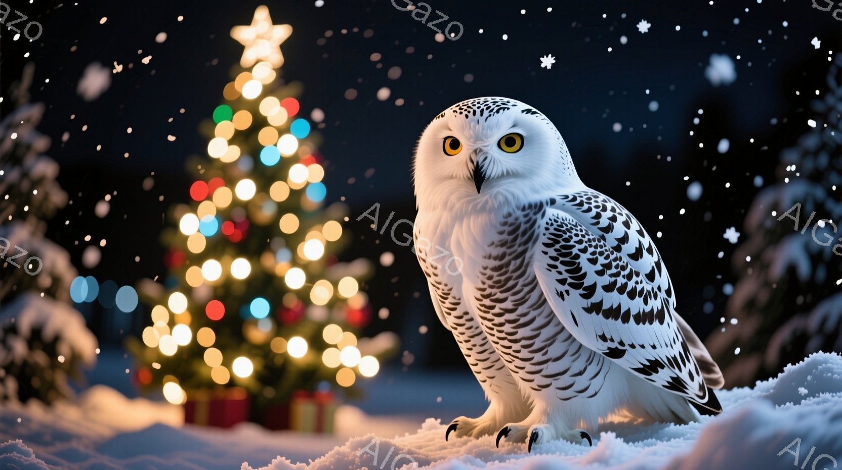 白い雪のフクロウが雪の上に座っており、鋭い黄色い目でカメラを見つめています。背景には、ぼやけたクリスマスツリーが光り輝き、雪が静かに降り積もる冬の夜を思わせます。全体的に、静かで神秘的な、冬のホリデーシーズンを象徴するような雰囲気が漂っています。