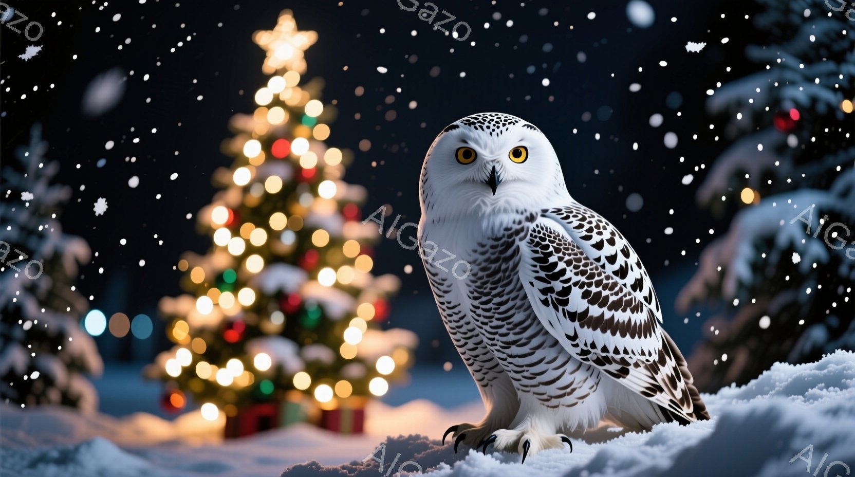 雪景色の中に、白くて美しいフクロウが雪の上に静かに座っています。背景には、ぼんやりと輝くクリスマスツリーが見え、雪が舞い散る幻想的な雰囲気が漂っています。フクロウの鋭い眼差しと雪の白さが、冬の静寂と神秘的な魅力を際立たせています。