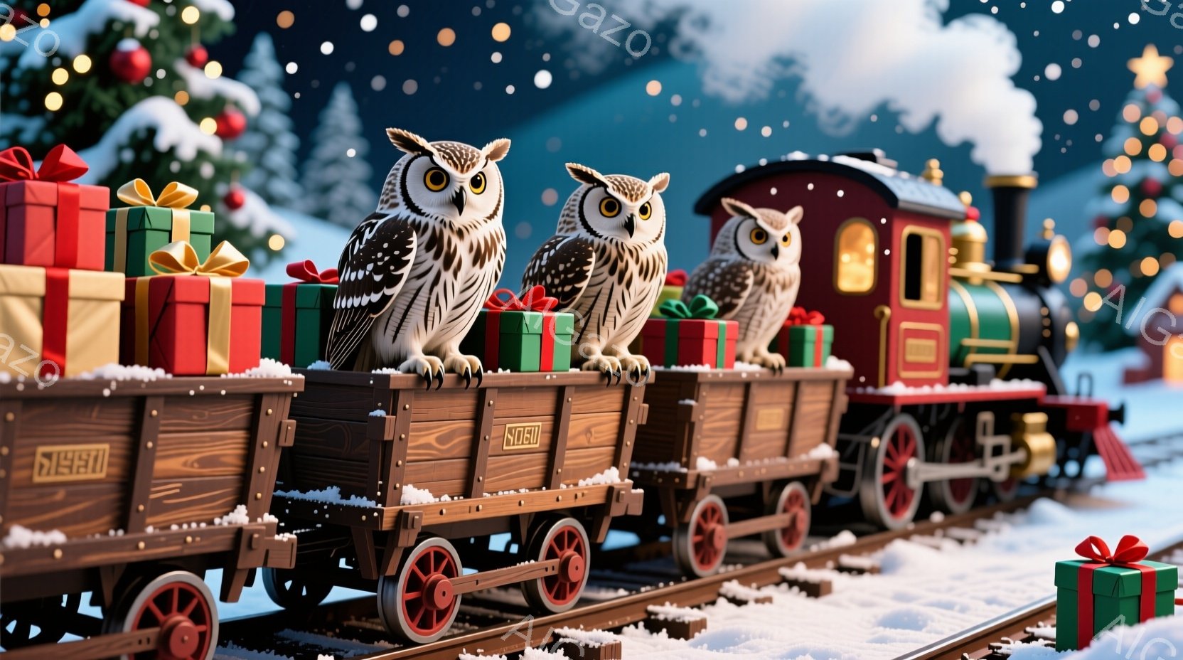 雪に覆われた線路の上を、プレゼントが積まれた貨車を引く蒸気機関車が走っています。貨車の上には、大きな目をしたフクロウがそれぞれ座っており、表情は穏やかです。背景にはクリスマスツリーが飾られ、雪が降る冬の夜の温かく幻想的な雰囲気を醸し出しています。