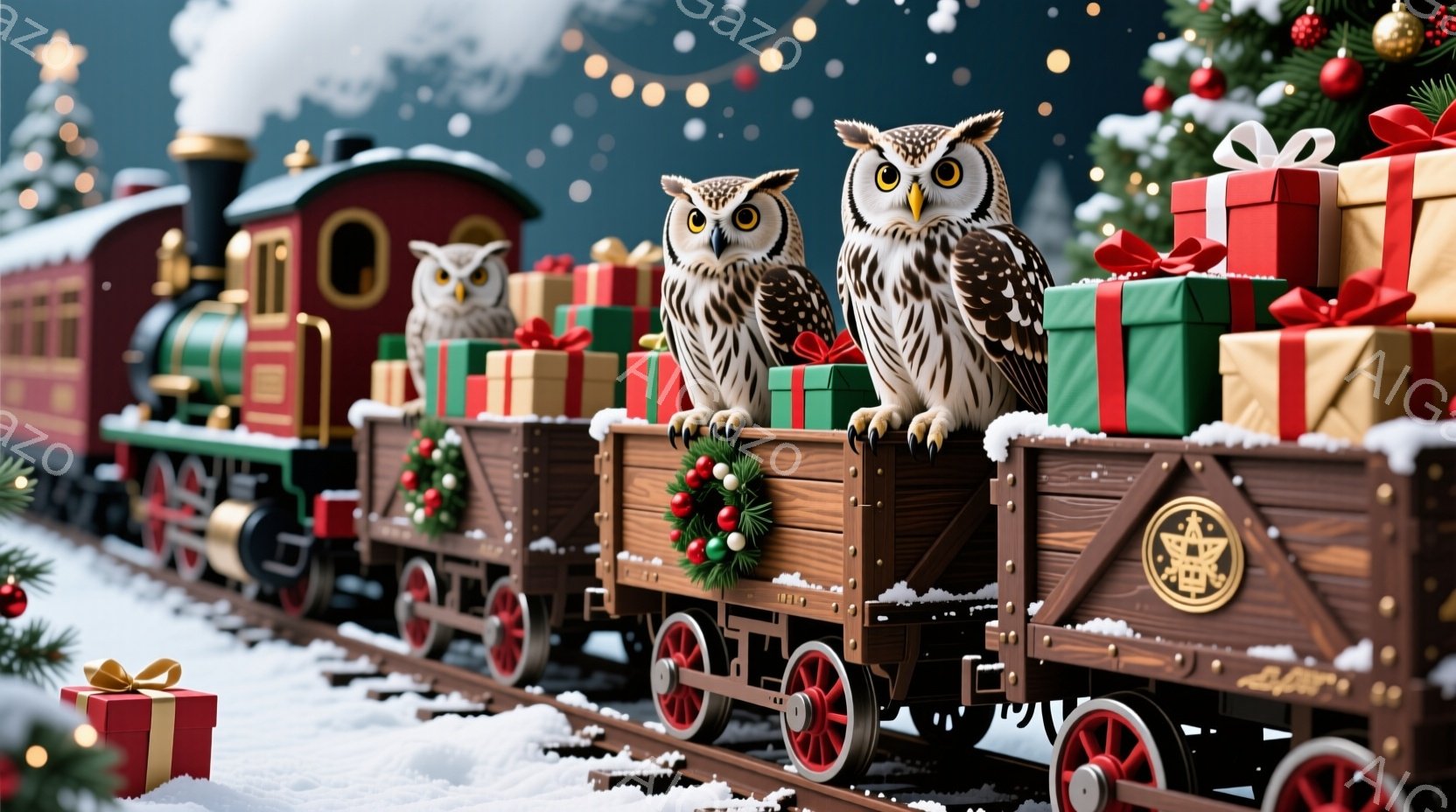 クリスマスをテーマにした列車が雪景色の中にあります。列車は茶色で、各車両にはプレゼントボックスが積み込まれ、最前部の車両にはフクロウが2羽座っています。背景にはクリスマスツリーと雪が舞っており、全体的 - AI生成フリー素材