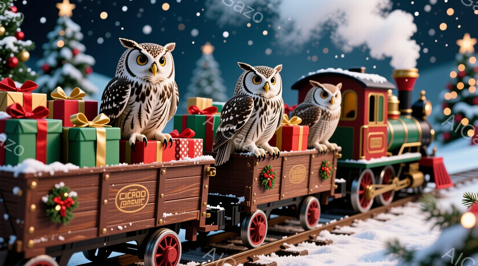 雪が降る冬の風景の中に、クリスマスのプレゼントでいっぱいの貨車を引く蒸気機関車が走っています。各貨車にはフクロウが座っており、それぞれ少しずつ異なる表情をしています。背景には雪に覆われた木々が立ち並び、暖かく幻想的なクリスマスの雰囲気を醸し出しています。