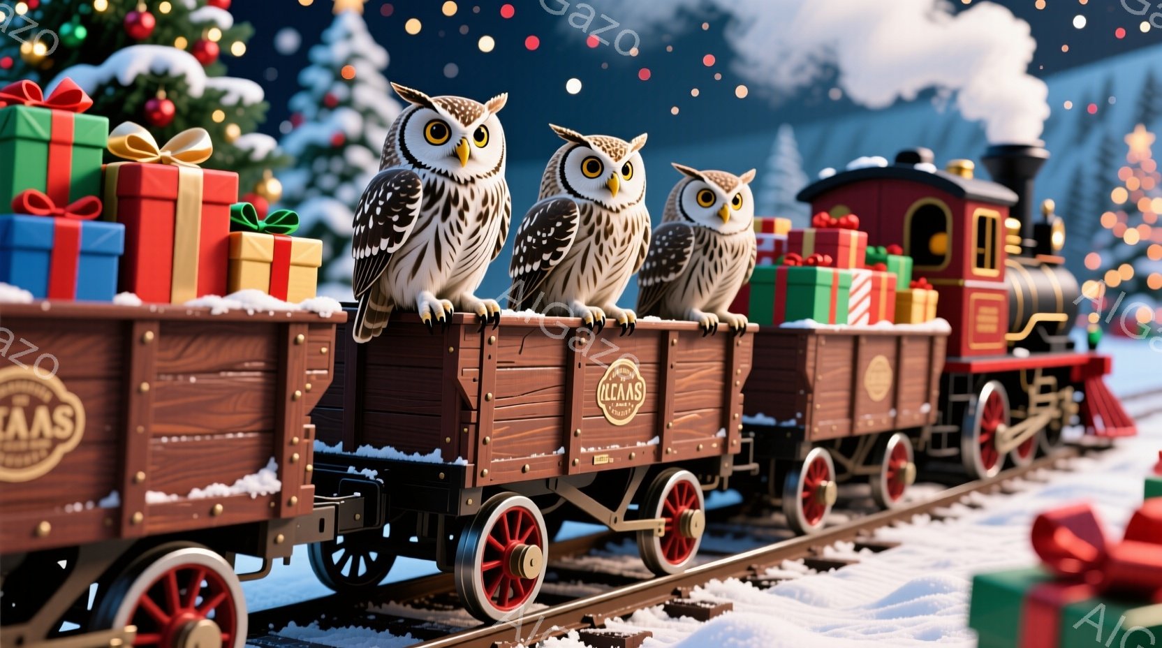 カラフルなプレゼントが積まれた貨車に、３羽のフクロウが乗っています。フクロウたちは、まっすぐに前を見据え、少しユーモラスな表情をしています。背景には、雪の積もった森とクリスマスツリーが見え、幻想的で温かい雰囲気が漂っています。