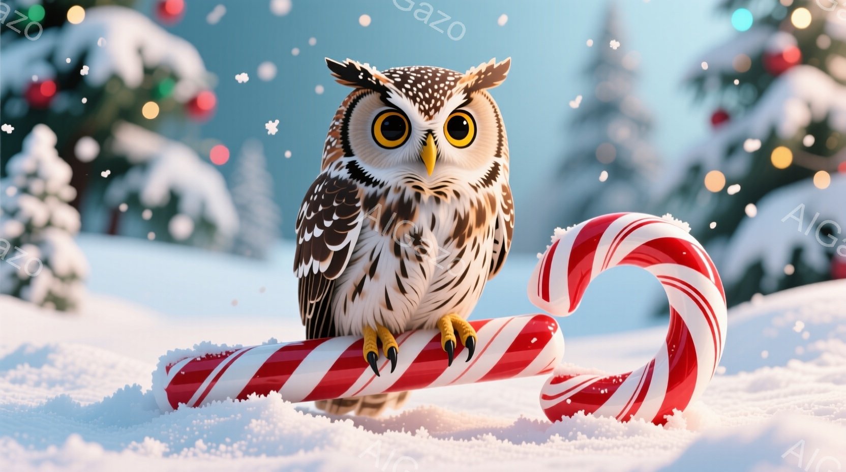 雪景色の中に、赤と白のキャンディケーンの上に止まったフクロウがいます。フクロウは鋭い目つきで正面を見つめ、その羽毛は茶色と白の美しい模様で覆われています。背景には、雪に覆われた木々がぼんやりと見え、全体的に冬の暖かく幻想的な雰囲気が漂っています。