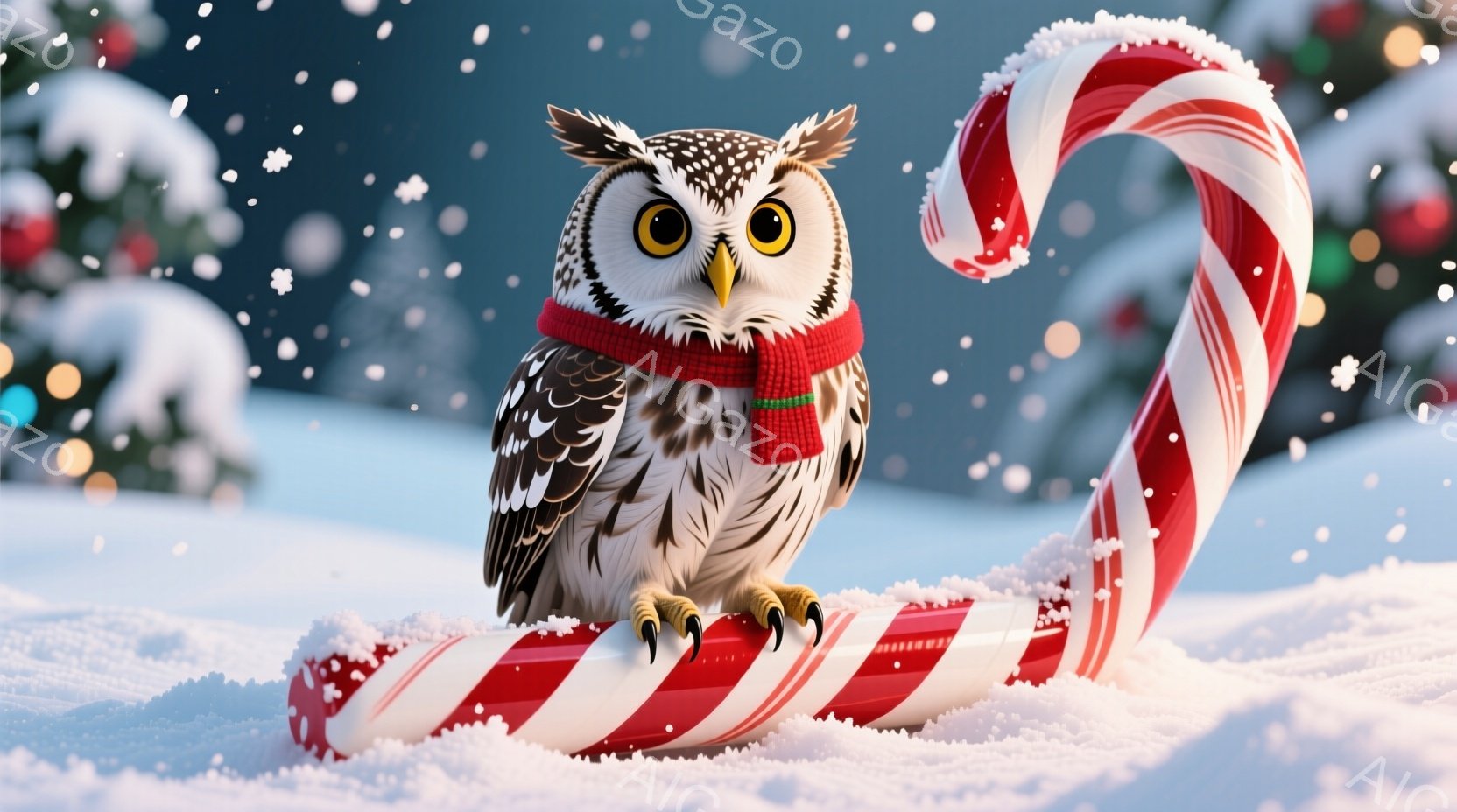 白い雪景色の中に、赤いマフラーを巻いたフクロウが大きなキャンディケーンの上に座っています。フクロウは鋭い目つきで正面を見ており、その姿は可愛らしさと威厳を兼ね備えています。背景にはぼやけた緑の木々が広がり、雪が舞い散る冬の温かい雰囲気を醸し出しています。