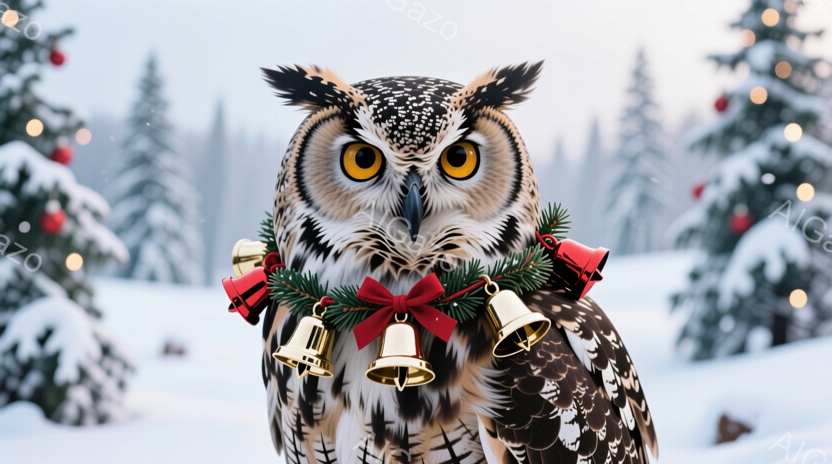 巨大なフクロウが雪景色の中で正面を向いており、首には赤いリボンと金色の鐘が飾られたクリスマス風の首飾りをつけている。その鋭い目は金色に輝き、茶色と白の複雑な羽毛は鮮明に捉えられている。背景には雪に覆われた木々がぼんやりと見え、冬の静寂と温かい祝祭の雰囲気を醸し出している。