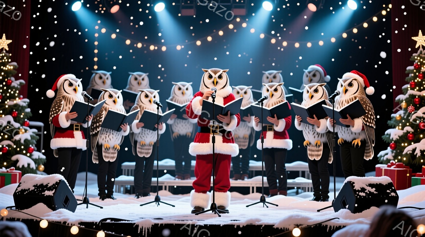 一本の街灯の装飾に、大きなフクロウが止まっています。フクロウは鋭い眼差しで正面を見つめ、茶色と白の美しい模様が特徴的です。背景には淡い空が広がり、赤や緑のオーナメントで飾られた街灯と、鮮やかな赤いリボ - AI生成フリー素材