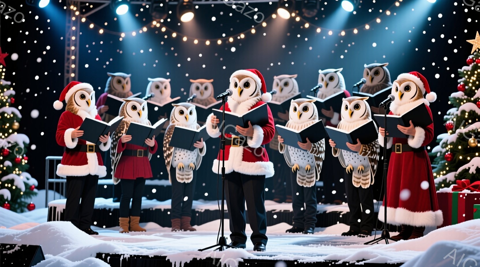 フクロウの頭を被った人々がステージ上で歌っている様子が描かれています。赤いサンタの衣装を着て、ブーツを履き、楽譜を見ながらマイクに向かって歌っています。背景には雪景色とクリスマスツリーがあり、ステージ - AI生成フリー素材