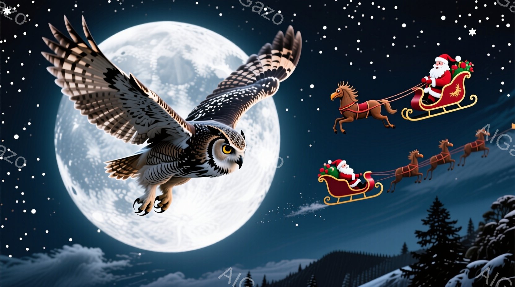 満月を背景に、サンタクロースがソリを引くトナカイと共に空を飛んでいる様子が描かれています。雪に覆われた森林が地平線に広がり、遠くには山々がシルエットとして浮かび上がっています。全体的に幻想的で、クリスマスの夜の温かさと静寂が感じられる雰囲気です。
