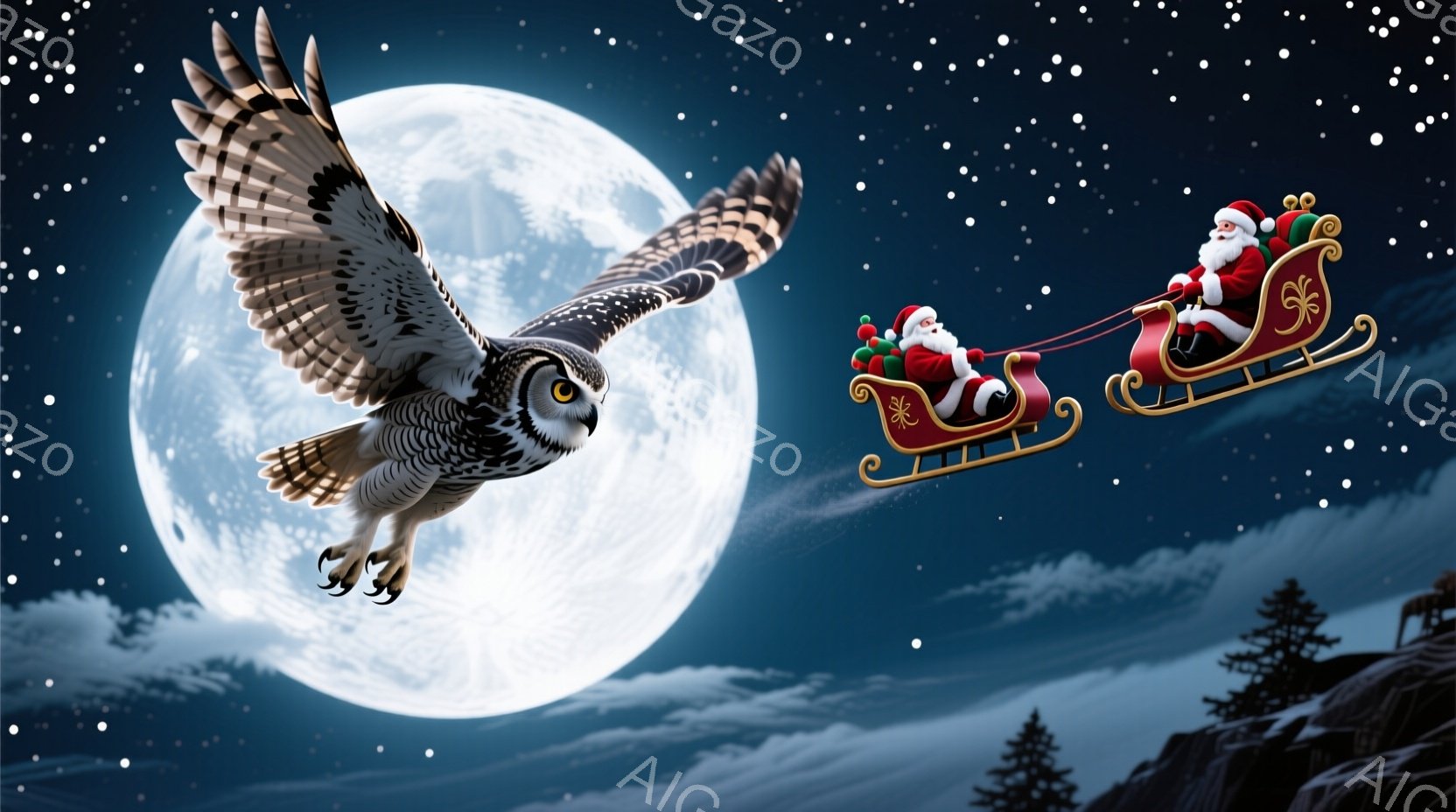 満月を背景に、サンタクロースがソリに乗って空を飛んでいる様子が描かれています。サンタクロースは赤い衣装を身につけ、白いひげを蓄え、楽しそうな表情で手綱を握っています。暗い夜空と雪を頂いた山々が、クリス - AI生成フリー素材