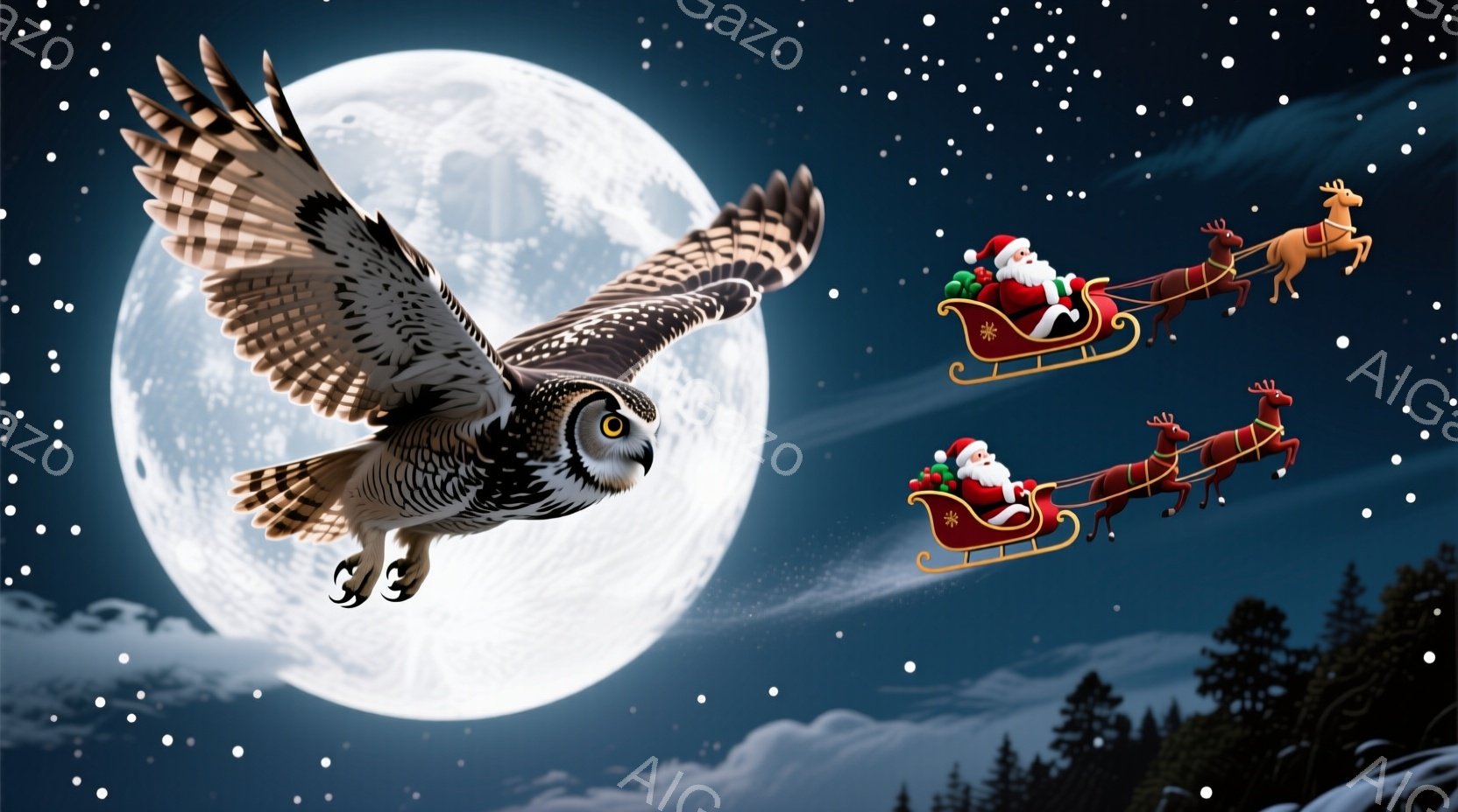 雪景色の中で、四羽のフクロウが丸太に座って温かい飲み物を楽しんでいます。それぞれ異なる色のマグカップを持っており、表情は穏やかでリラックスしています。背景には雪に覆われた木々があり、クリスマスのオーナ - AI生成フリー素材