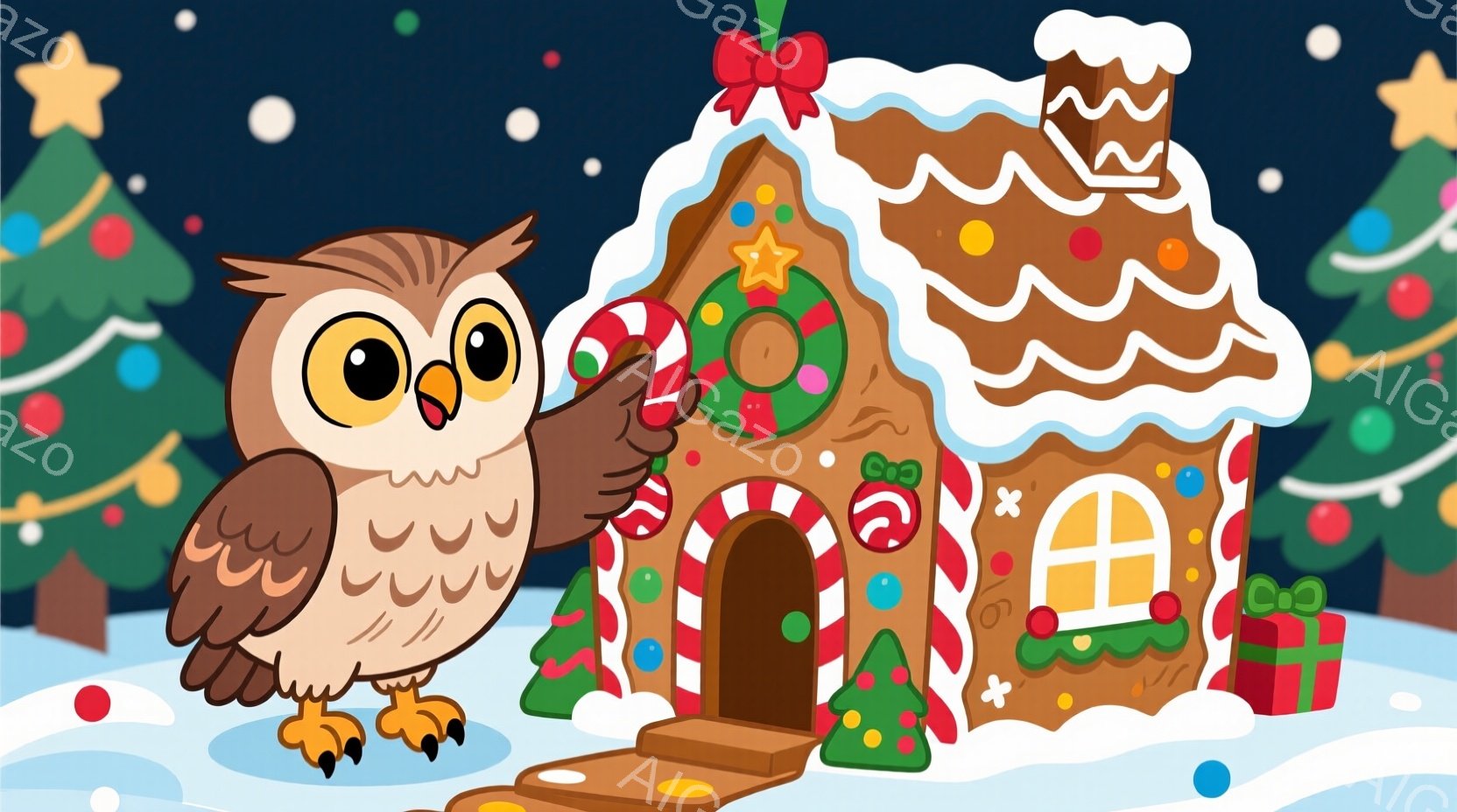 雪景色の中に、可愛らしいフクロウがジンジャーブレッドハウスの隣に立っています。フクロウは片手にキャンディケーンを持ち、優しい笑顔を浮かべています。背景にはクリスマスツリーやプレゼントがあり、お祝いムードを盛り上げています。