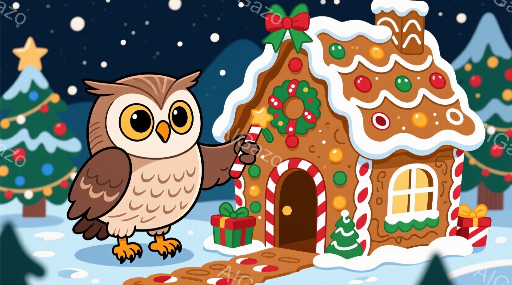雪が降る夜の背景に、大きなフクロウがジンジャーブレッドハウスの前に立っています。フクロウは茶色い羽毛を持ち、キャンディケーンを手に持っています。背景には、雪に覆われた木々と、プレゼントが置かれたジンジ - AI生成フリー素材