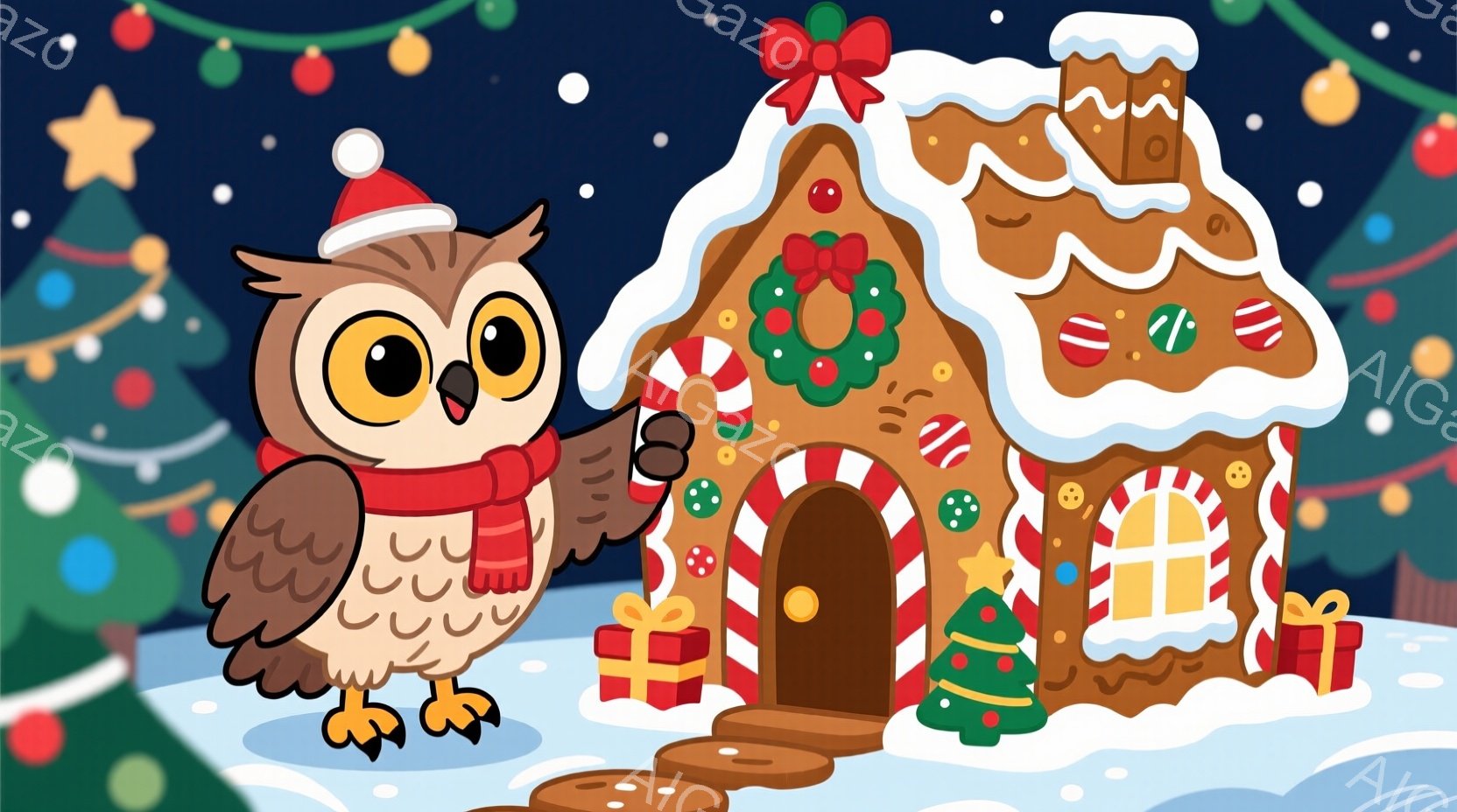 ふわふわの茶色のフクロウが赤い帽子とストライプの赤いマフラーを身につけ、嬉しそうに右足を上げています。背景には、ジンジャーブレッドで作られた家があり、雪で覆われた地面にプレゼントが置かれ、クリスマスツ - AI生成フリー素材