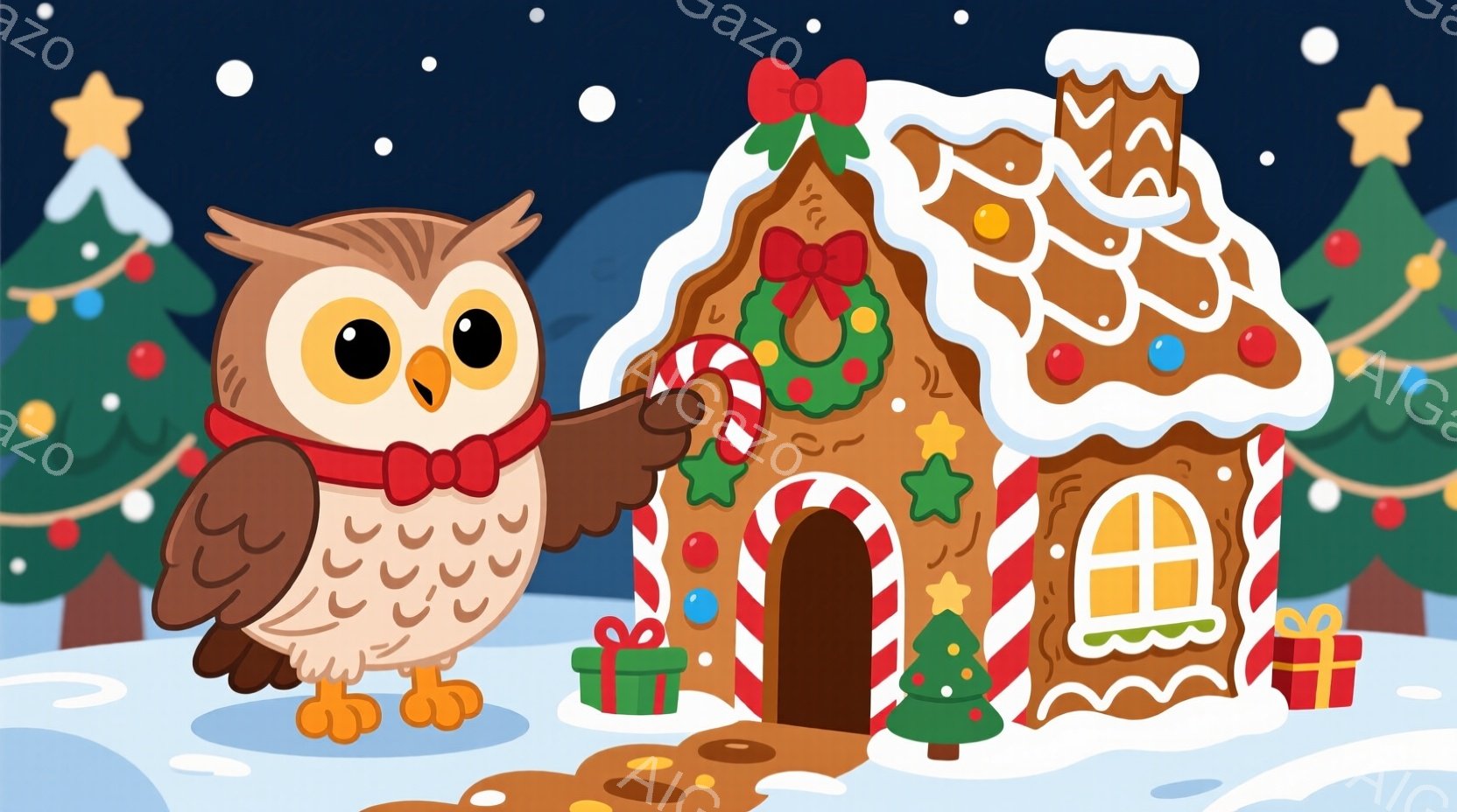 かわいいフクロウが赤いリボンを首に巻き、片手を伸ばしてジンジャーブレッドハウスを指しています。背景には雪景色が広がり、クリスマスツリーとプレゼントの箱が点在しています。全体的に暖かく、お祭り気分満載で、クリスマスの楽しい雰囲気が漂っています。