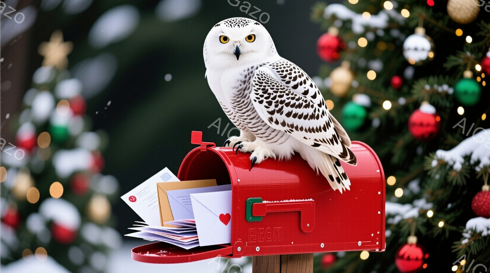 真っ白な雪フクロウが、真っ赤な郵便受けに腰掛けています。郵便受けの中には、手紙やハート型のカードが少し見えており、背景には緑色のクリスマスツリーとぼんやりとした雪景色が広がっています。全体的に、冬の暖 - AI生成フリー素材