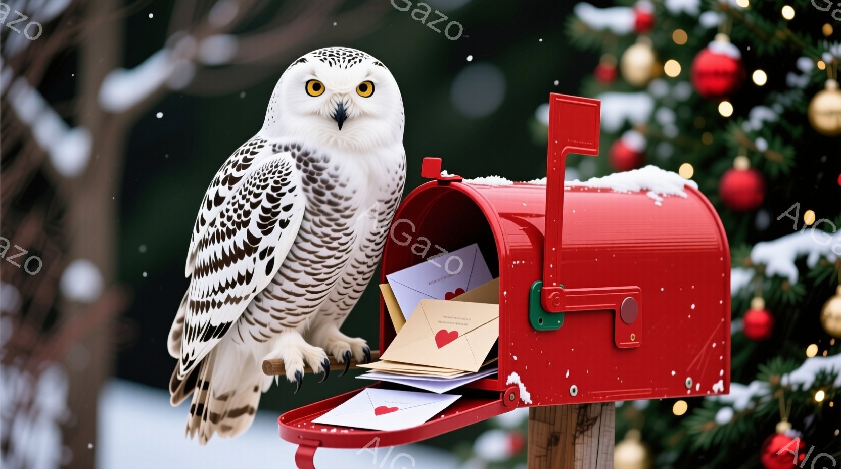 白いフクロウが赤い郵便受けに止まっています。郵便受けの中には、ハートの絵が描かれた手紙がいくつか入っており、雪がちらつく冬の背景には、装飾されたクリスマスツリーが見えます。全体的に、温かく、お祝いムードに満ちた、可愛らしい雰囲気です。