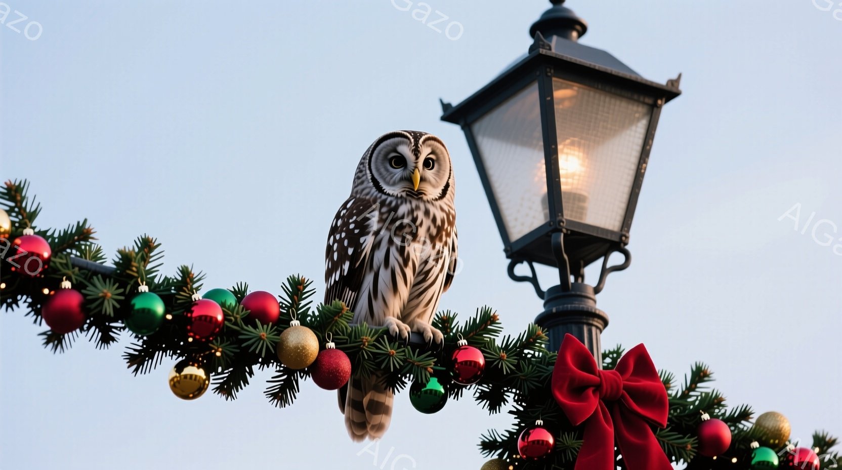 白と茶色の模様のフクロウが、クリスマス飾りのついた街灯の横枝にとまっています。赤、緑、金色のボールと赤いリボンが飾られた枝は、冬の祝祭の雰囲気を醸し出しています。背景は薄い空色で、穏やかで落ち着いた印象を与えます。
