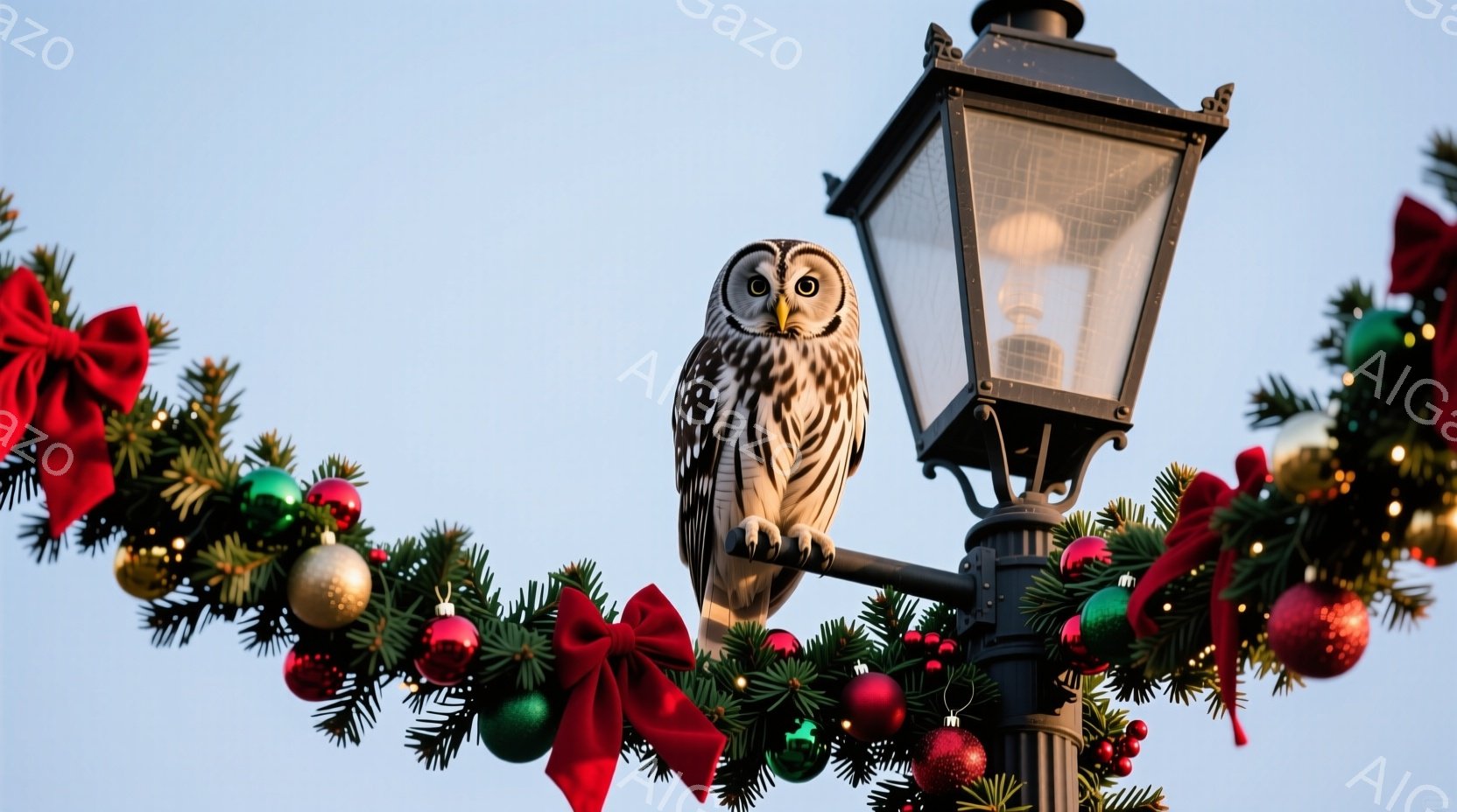 街灯の上に、大きなフクロウがとまっており、その周りにはクリスマスデコレーションが飾られています。フクロウは鋭い眼差しで正面を見つめ、静かに周囲を観察しているようです。背景は明るい空で、クリスマスの飾り付けが冬の風景に華やかさを添えています。