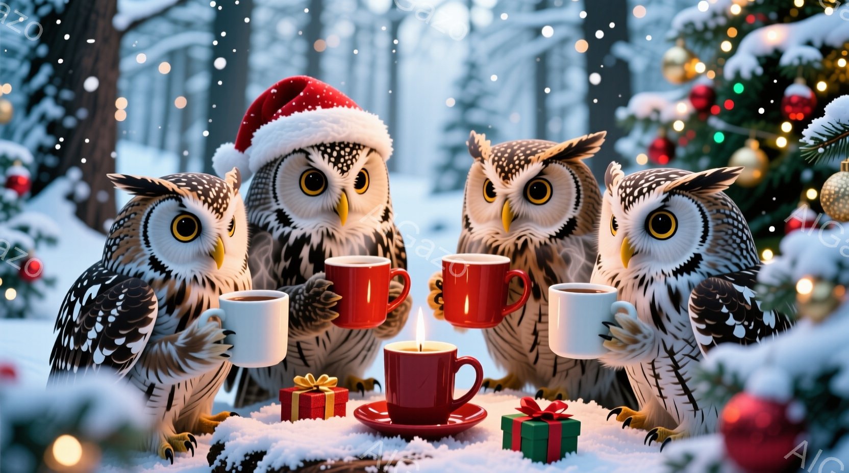 雪景色の中、３羽のフクロウがクリスマスを祝うためにテーブルを囲んでいます。中央のフクロウはサンタの帽子をかぶり、他の２羽はフクロウの羽毛を活かした自然な姿で、それぞれ赤いカップに入った温かい飲み物を楽 - AI生成フリー素材