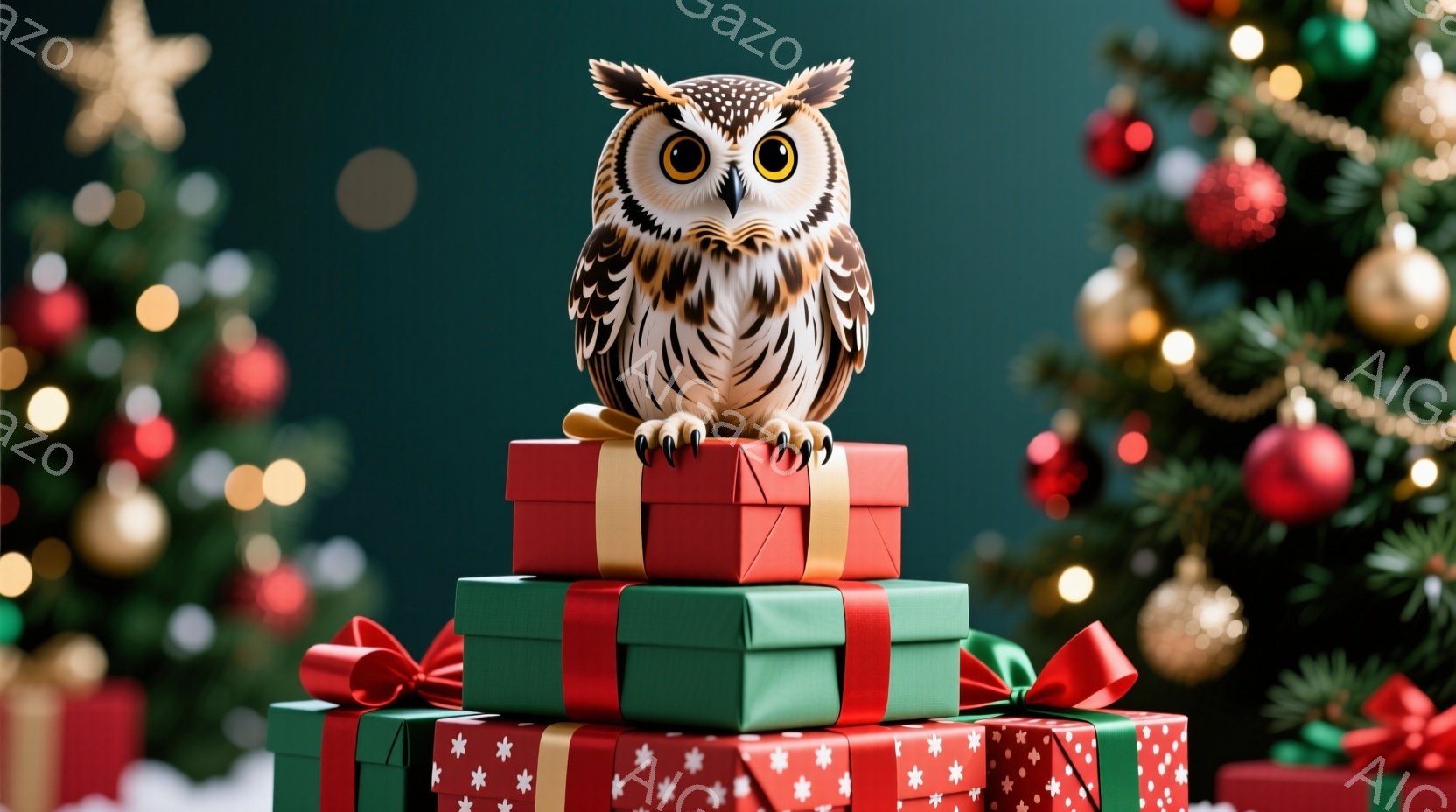 深緑の背景に、積み重ねられたプレゼントボックスの上にフクロウが止まっています。フクロウは茶色と白の羽毛を持ち、鋭い目つきで正面を見つめており、クリスマスツリーがぼやけて背景にあります。全体的に、クリスマスやホリデーシーズンを祝う暖かくお祝いの雰囲気です。