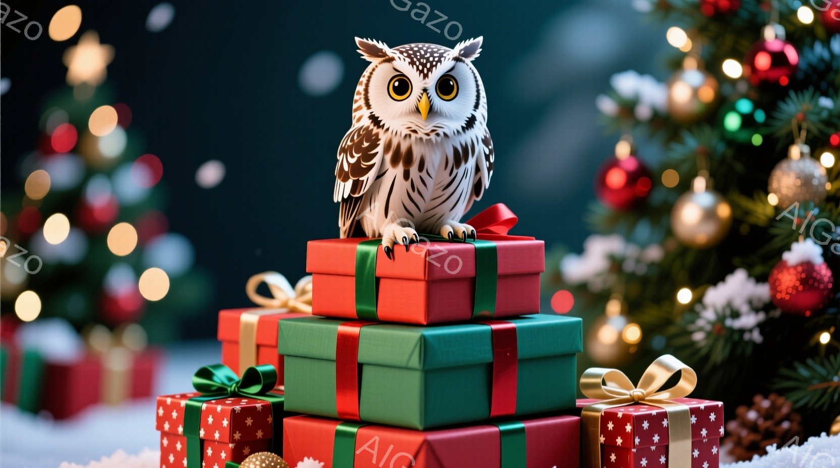 積み重ねられたプレゼントボックスの上に、白いフクロウが座っています。背景には、ぼやけたクリスマスツリーとキラキラ光る装飾が施されており、雪が舞う冬の夜を思わせます。全体的に暖かく、お祝いムードに満ちた - AI生成フリー素材