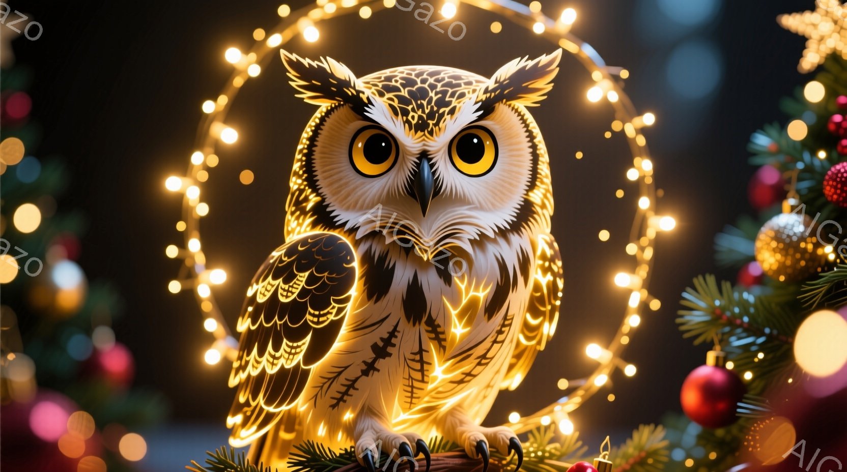 金色の光を放つフクロウが、クリスマスツリーの装飾と光の中に佇んでいる様子を描いています。フクロウは正面を見据え、鋭い眼光で何かを見つめているように見え、その羽毛には複雑な模様が描かれています。背景は暗 - AI生成フリー素材