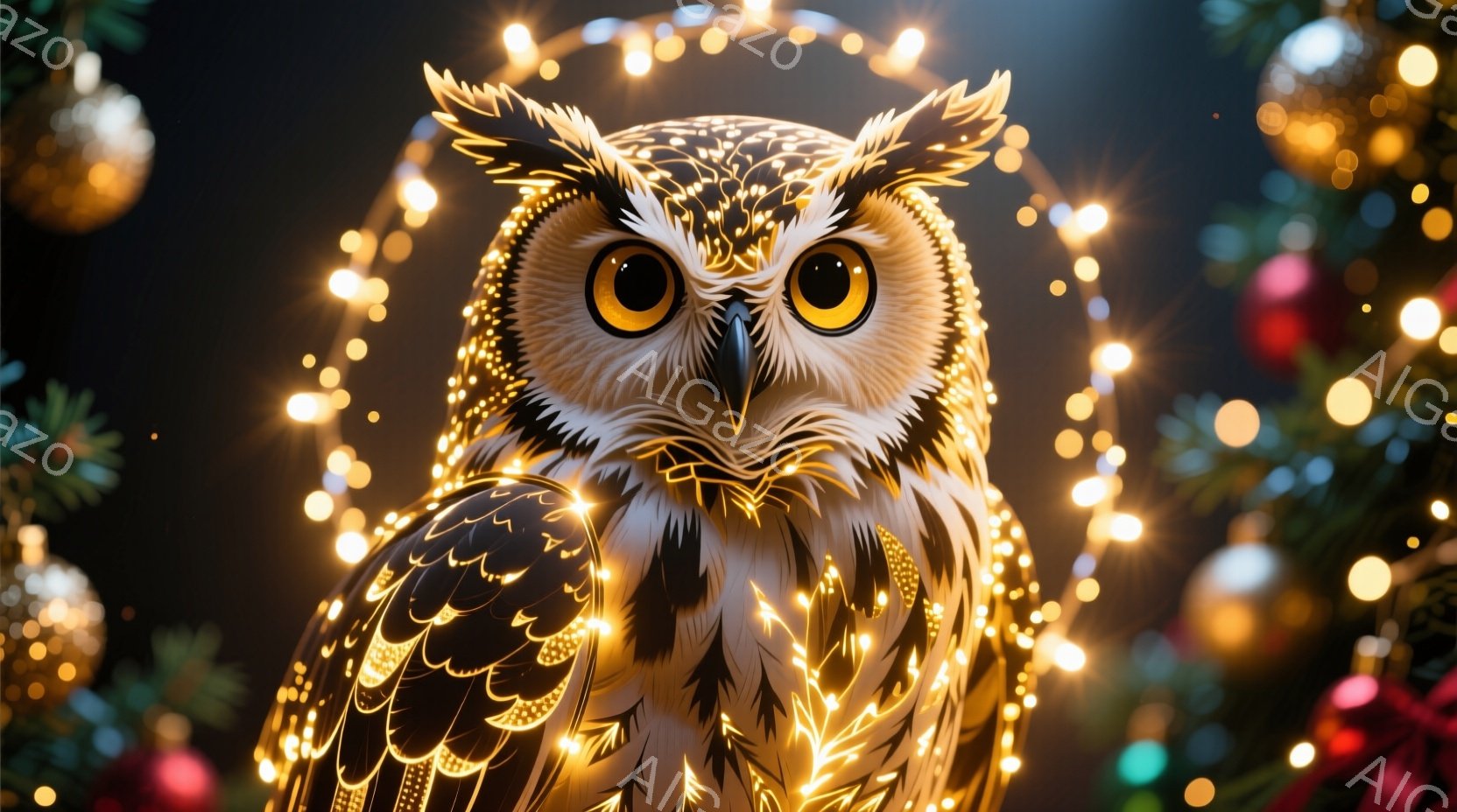 大きなフクロウが、きらめく暖かい色の光で飾られた姿で中央に配置されています。フクロウは鋭い黄色い目と特徴的なくちばしを持ち、羽根は複雑な模様で覆われています。背景には、ぼやけたクリスマスツリーの装飾と輝く光のストリングが散りばめられ、お祝いの雰囲気を作り出しています。