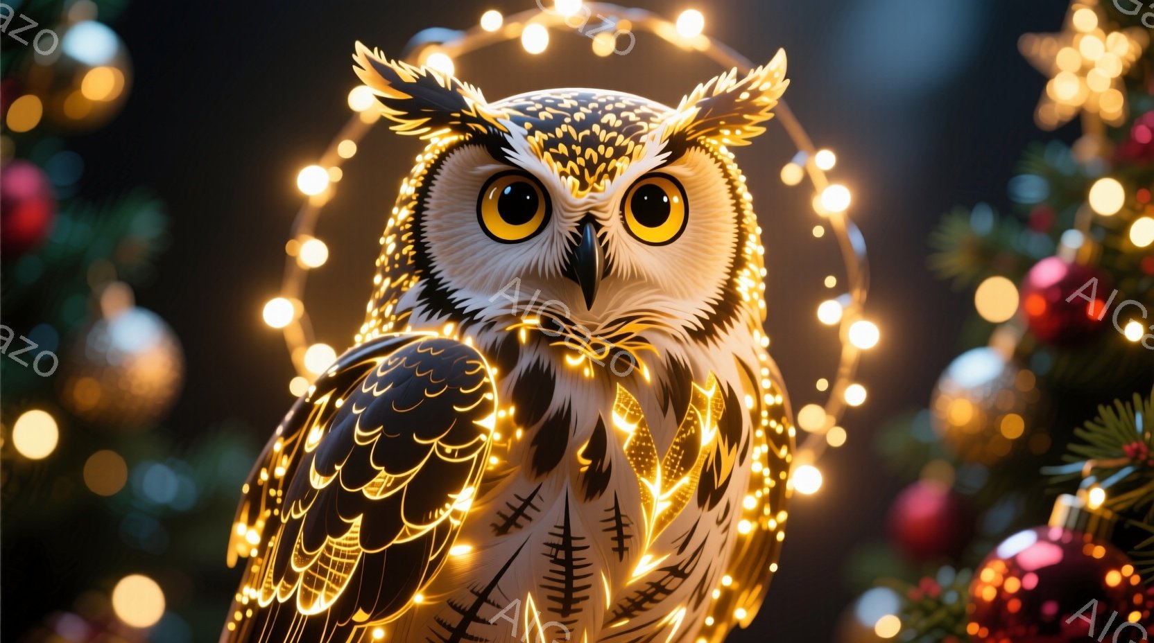 ふくろうが、輝く電球の輪に囲まれ、正面を見つめています。その体には複雑な模様が描かれ、金色の光が流れています。背景には、ぼやけたクリスマスツリーの飾りと光があり、暖かく幻想的な雰囲気を作り出しています。