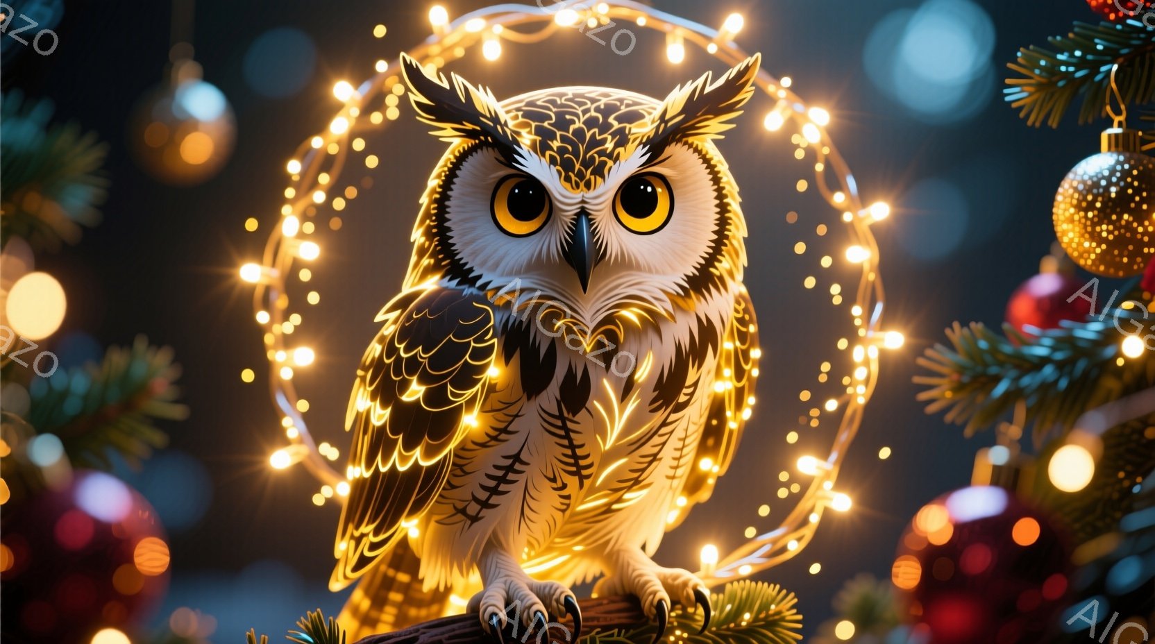 明るい光に縁取られたフクロウが、枝に座って正面を見つめている。背景にはぼやけたクリスマスツリーの飾りや、暖色系の光が散りばめられており、温かく幻想的な雰囲気を醸し出している。フクロウの羽は繊細な模様で - AI生成フリー素材