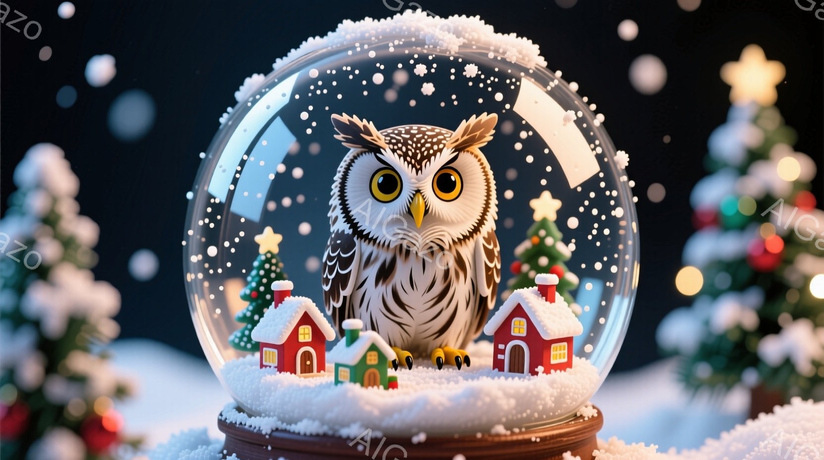 ガラスのドームの中に、大きなフクロウが立っています。フクロウの周りには雪で覆われた小さな家々とクリスマスの木々が並び、雪が舞っています。全体的に暖かく幻想的なクリスマスの雰囲気が漂っています。 - AI生成フリー素材