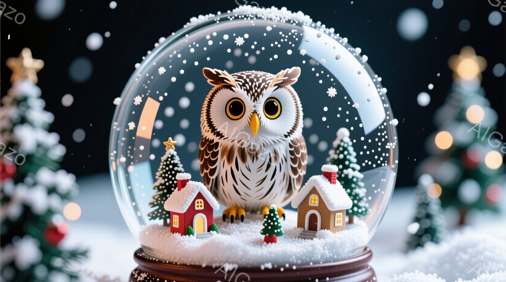 雪が舞うクリスマスの背景に、ガラス製のスノーグローブが置かれています。グローブの中には、可愛らしいフクロウが座り、その足元には小さな家々とクリスマスツリーが配置されています。全体的に暖かく、幻想的な雰囲気で、冬の季節の喜びを表しています。