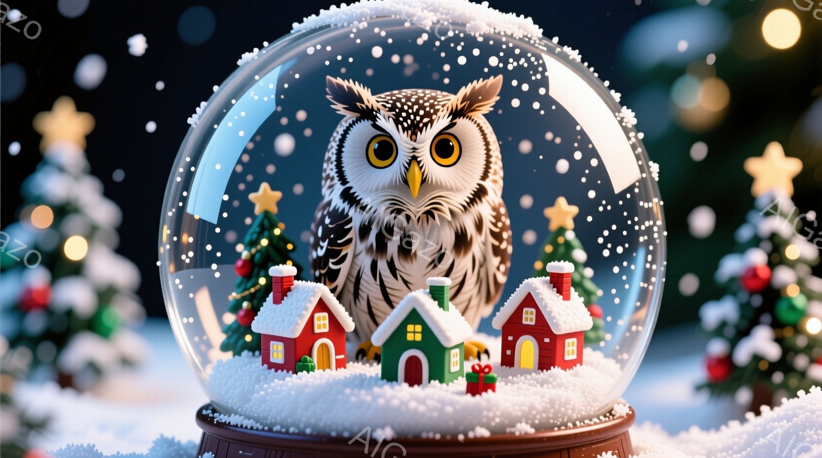 暖炉のそばのダイニングテーブルを囲み、4羽のフクロウが上品な服装で夕食を楽しんでいる様子が描かれています。テーブルには、果物や軽食が盛り込まれた皿が並び、ワイングラスやキャンドルが華やかな雰囲気を添え - AI生成フリー素材